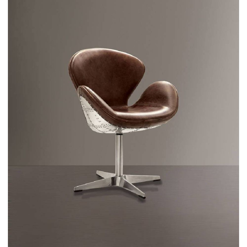 ACME Brancaster Accent Chair (1Pc) in Retro Brown Top Grain Leather  Aluminum-Boyel Living