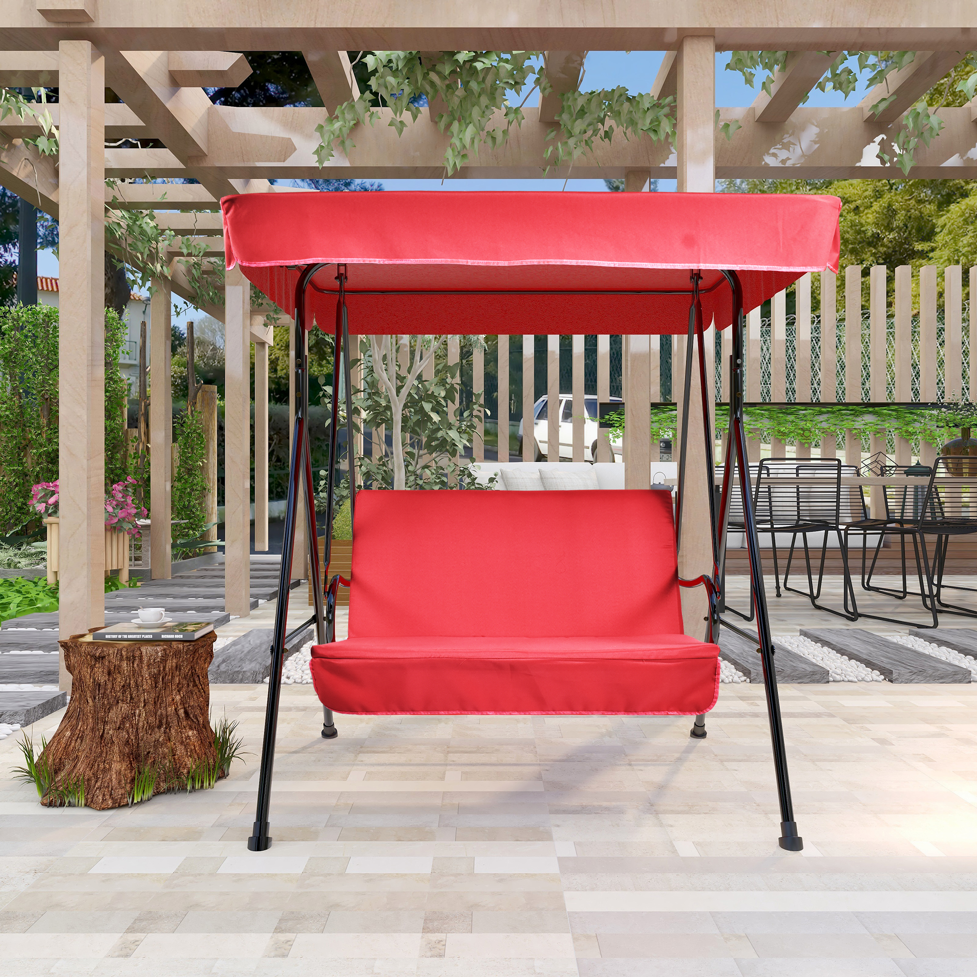 2-Seat Outdoor Patio Porch Swing Chair, Porch Lawn Swing With Removable Cushion And Convertible Canopy, Red-Boyel Living
