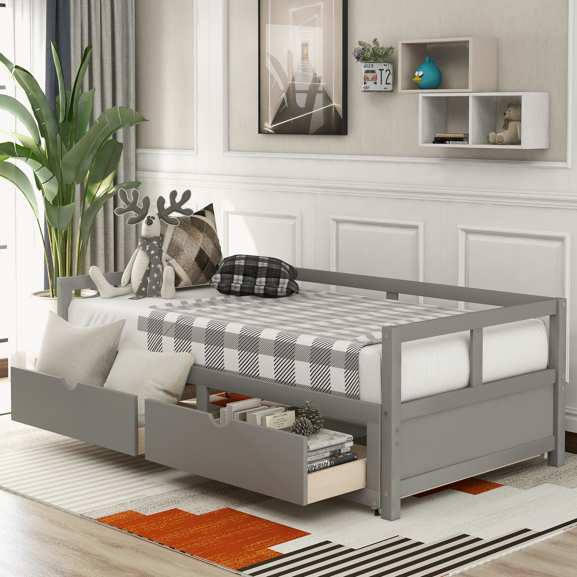 Details about   Daybed with 2 Storage Drawers Wood Bed Frame Day Bed Furniture With Wood Slats 
