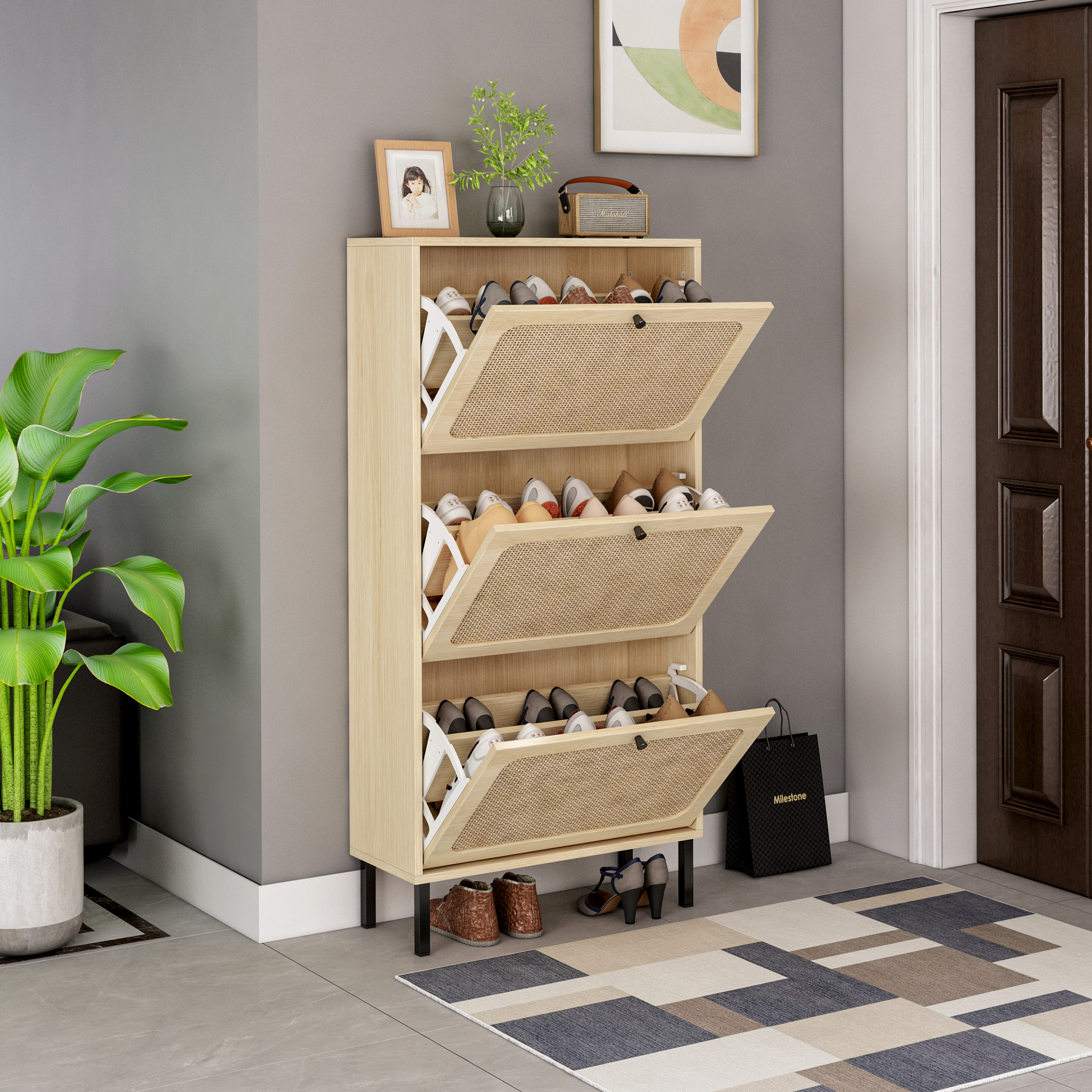 Natural Rattan 3 Door Shoe Rack, Freestanding Modern Shoe Storage Cabinet, for Entryway 