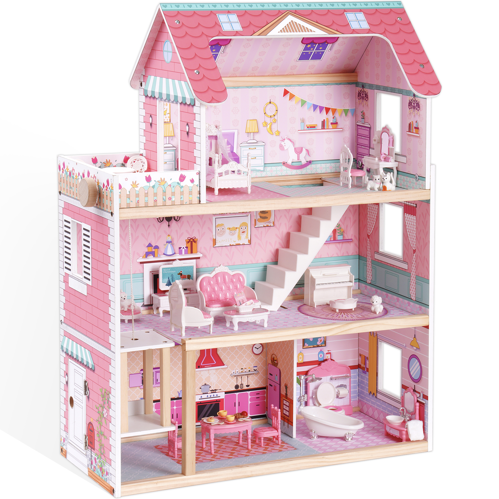 Wooden Dollhouse for Kids with 24 pcs Furniture Preschool Dollhouse House Toy for Kids，S-Boyel Living