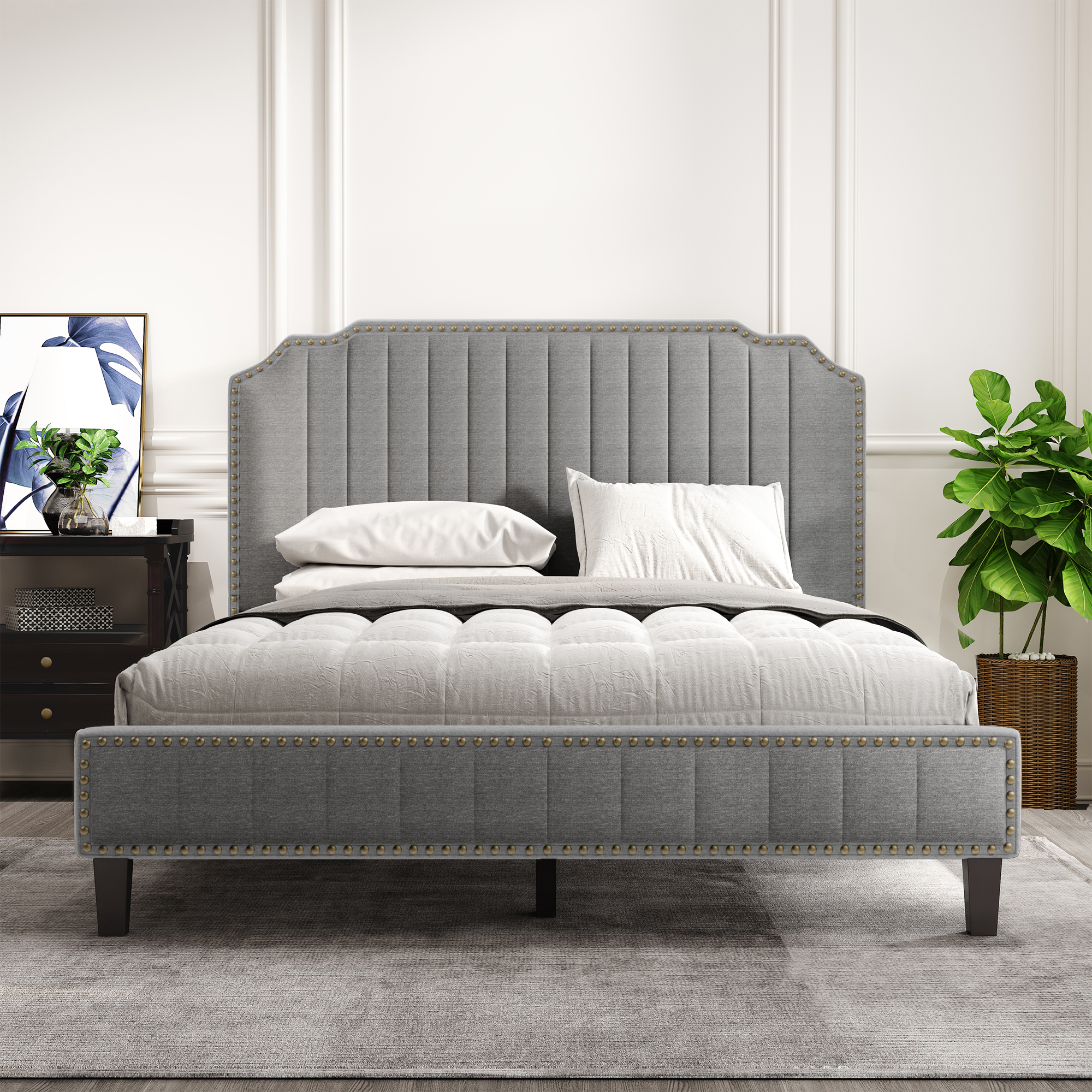 Modern Linen Curved Upholstered Platform Bed , Solid Wood Frame , Nailhead Trim (Queen)-Boyel Living