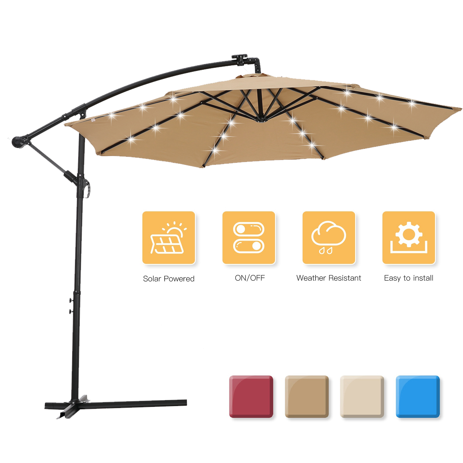 10 FT Solar LED Patio Outdoor Umbrella Hanging Cantilever Umbrella Offset Umbrella Easy Open Adustment with 24 LED Lights -taupe-Boyel Living