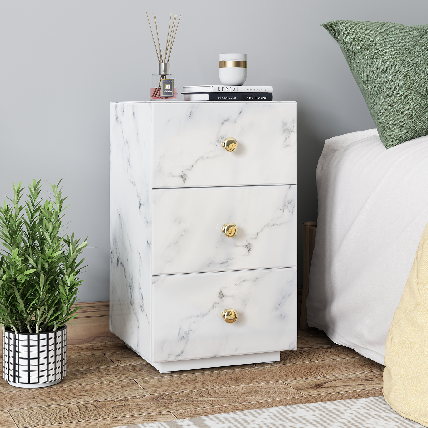 Tempered glass marble texture bedside table-Boyel Living