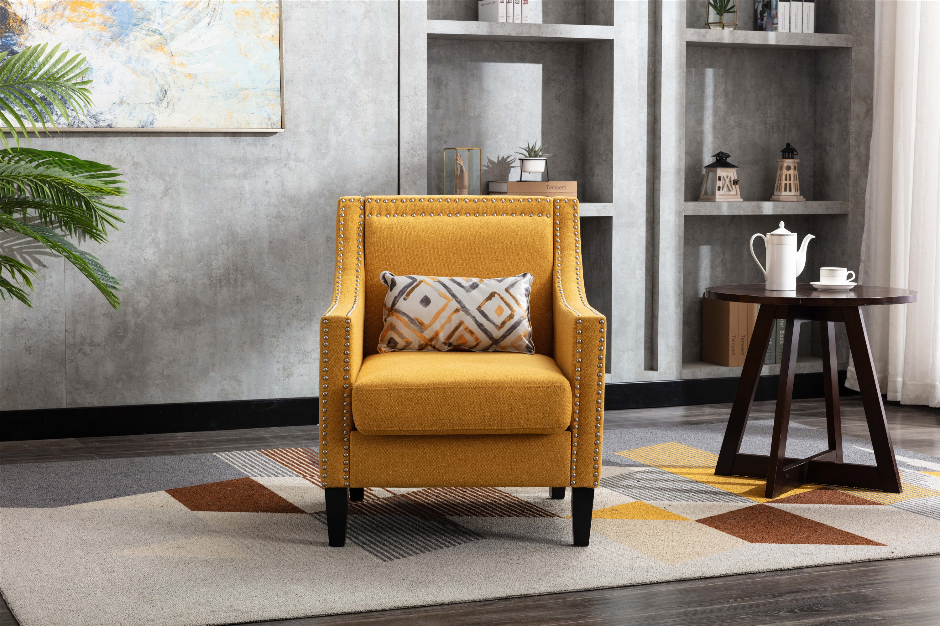COOLMORE  accent armchair living room chair  with nailheads and solid wood legs  Yellow  Linen-Boyel Living