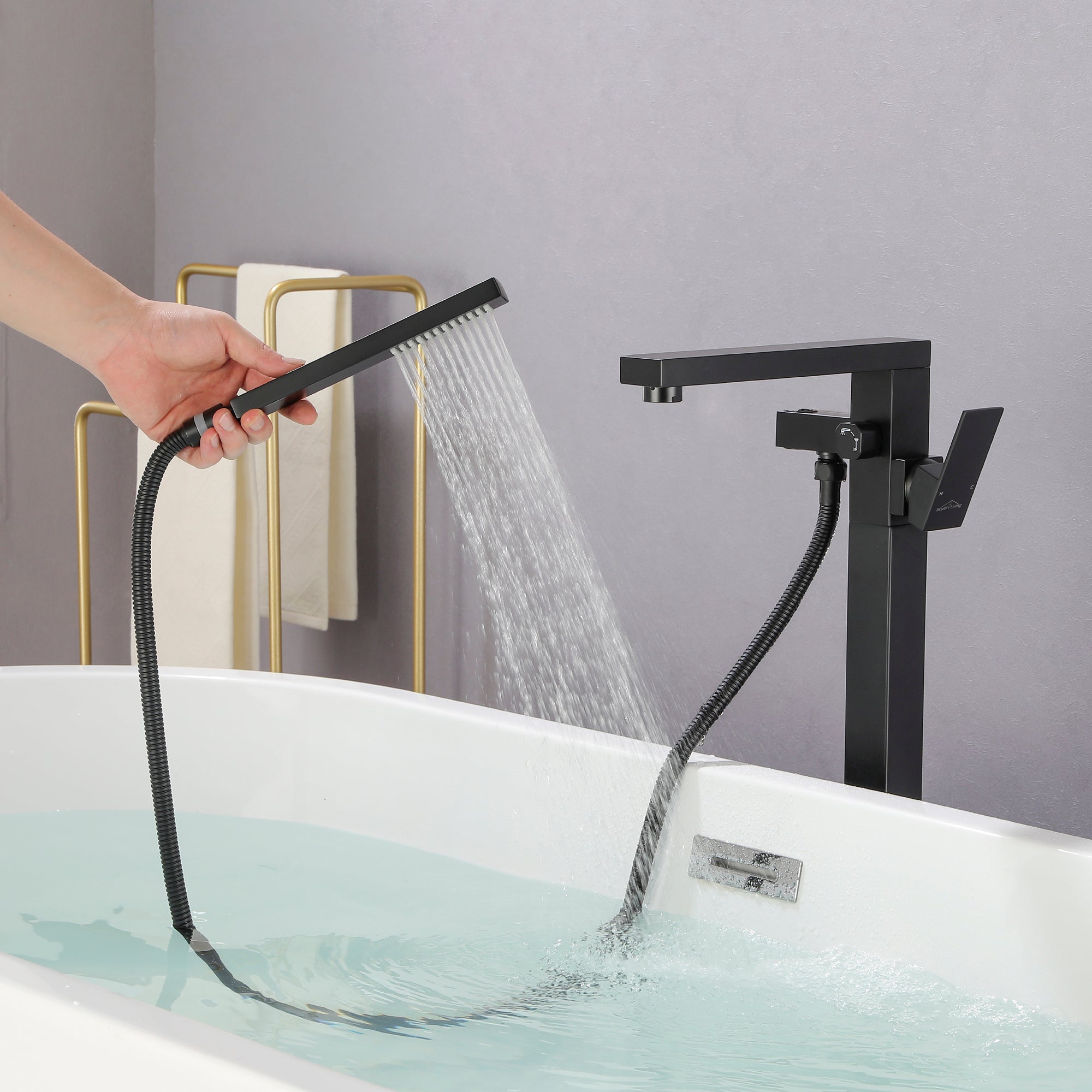 Boyel Living Freestanding Floor Mount Single Handle Bath Tub Filler Faucet with Handheld Shower in Matte Black-Boyel Living