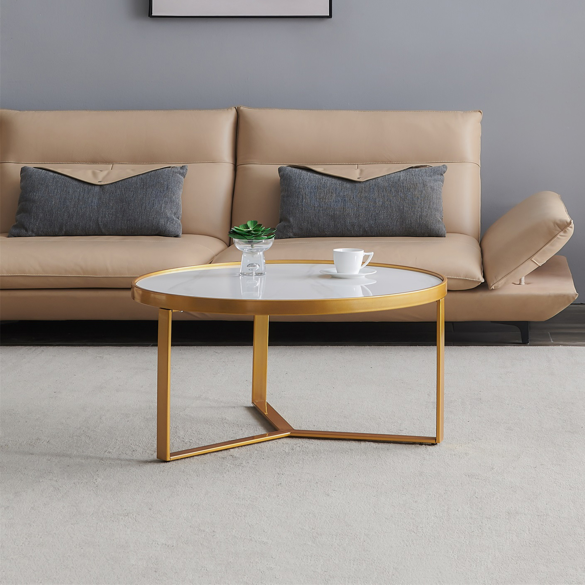 Modern coffee table,Golden metal frame with round Sintered stone tabletop-Boyel Living