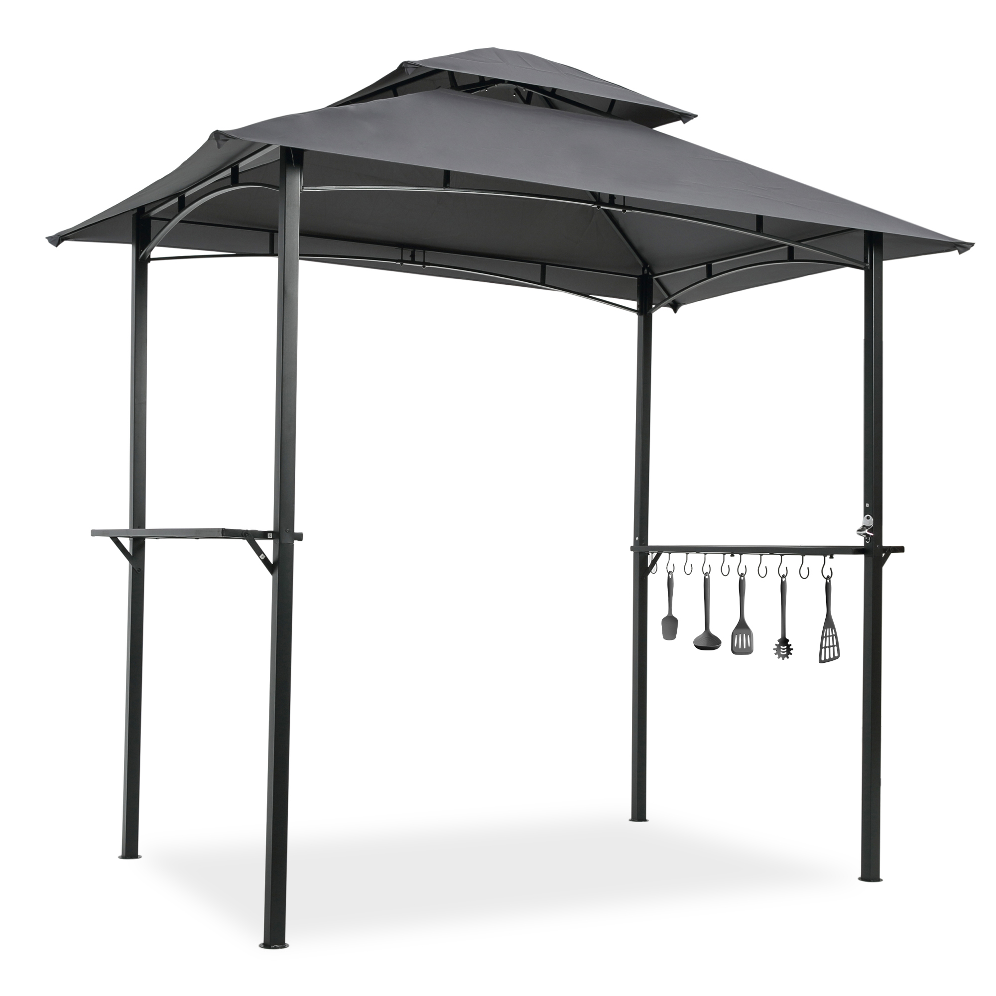 Outdoor Grill Gazebo 8 x 5 Ft, Shelter Tent, Double Tier Soft Top Canopy and Steel Frame with hook and Bar Counters, Grey-Boyel Living