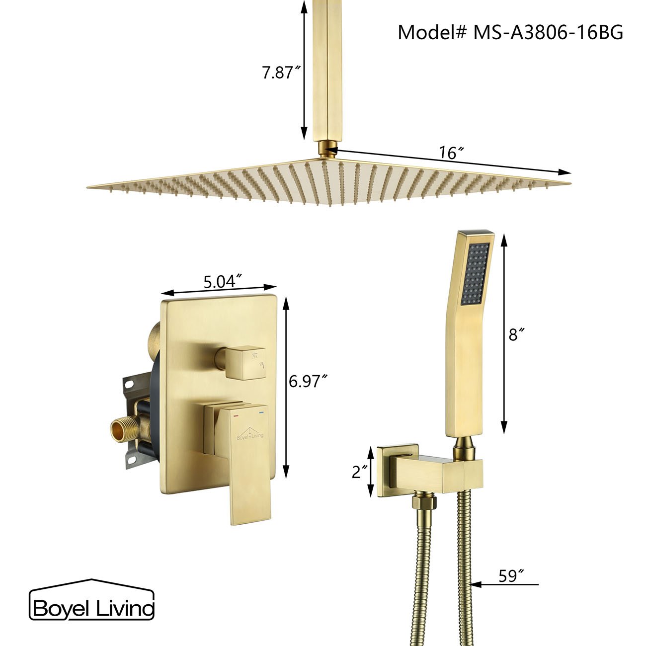 Boyel Living 16-inch Ceiling Mount Shower Head System Dimensions-Boyel Living