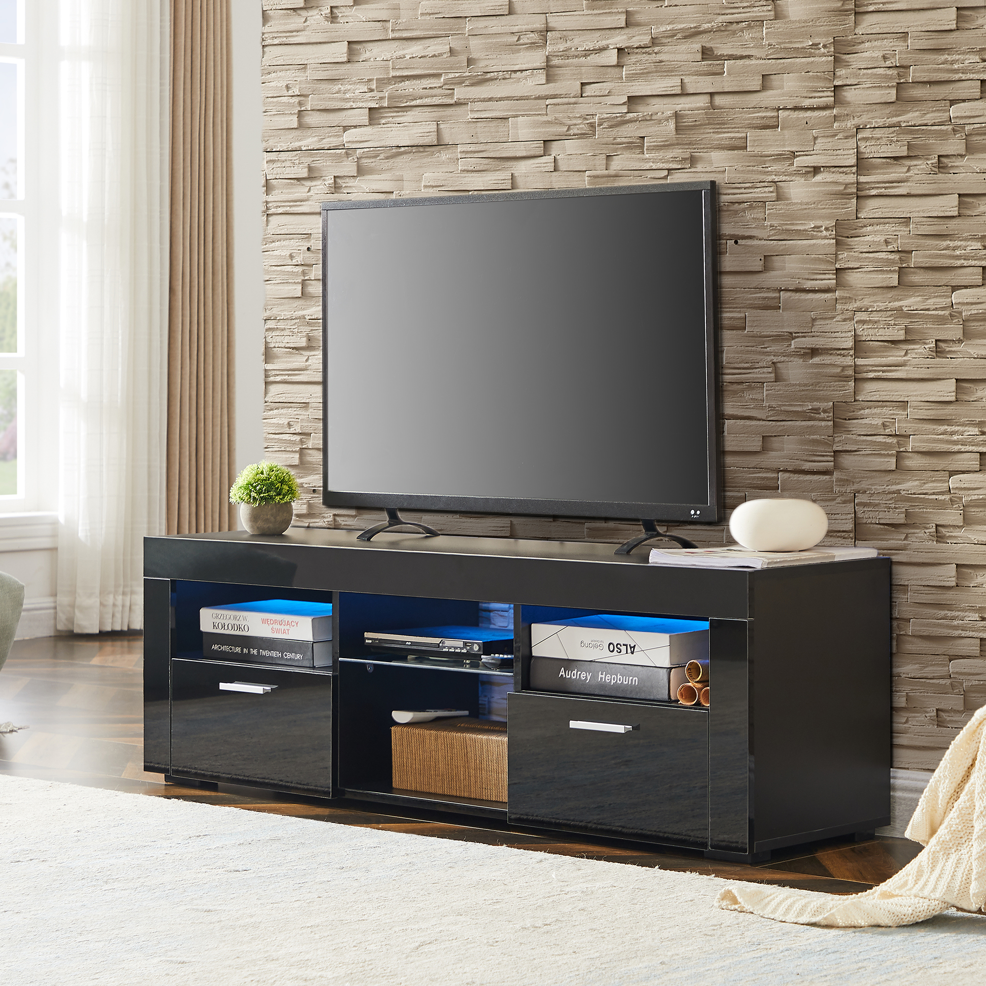 Black morden TV Stand with LED Lights,high glossy front TV Cabinet,can be assembled in Lounge Room, Living Room or Bedroom,color:Black-Boyel Living