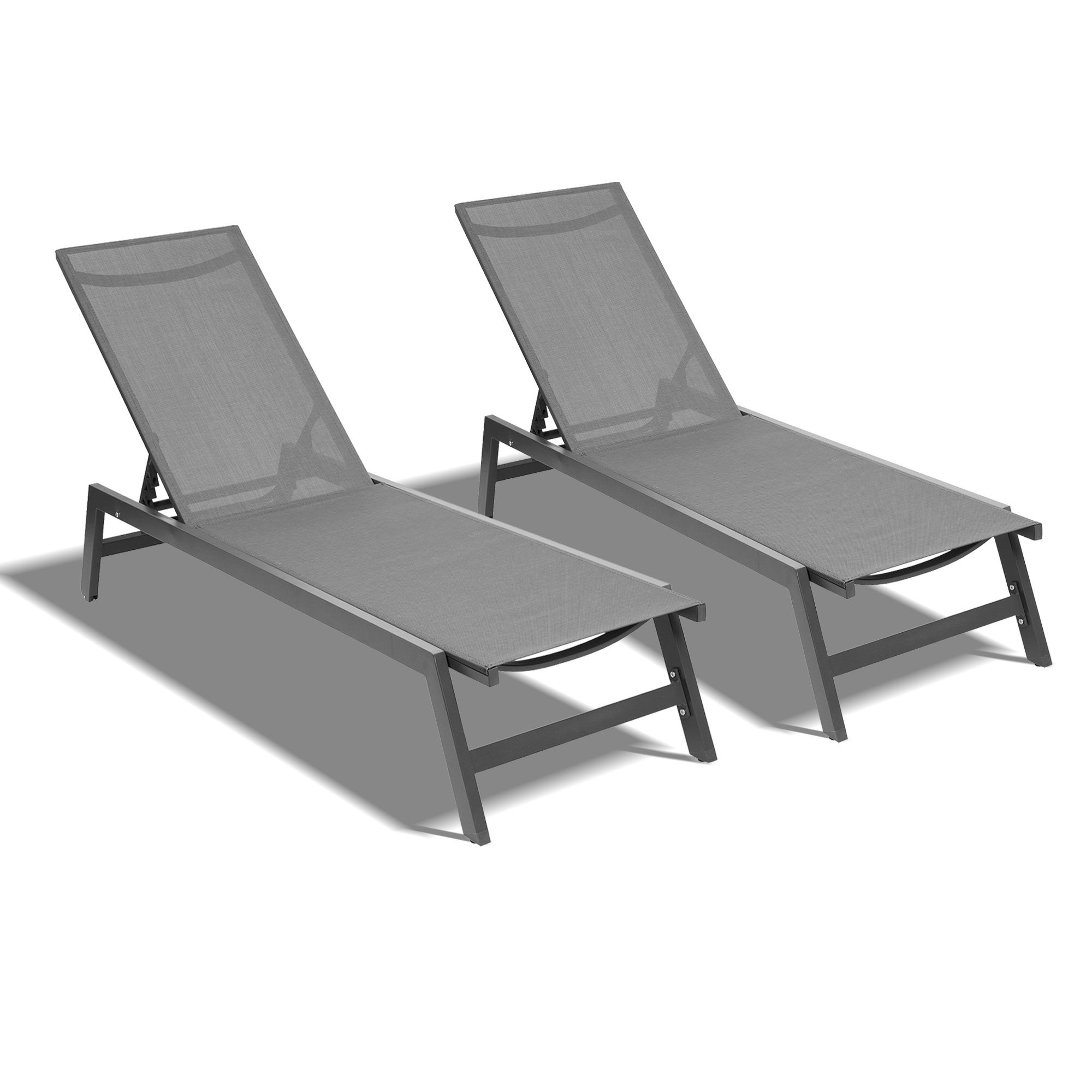 Outdoor 2-Pcs Set Chaise Lounge Chairs,Five-Position Adjustable Aluminum Recliner,All Weather For Patio,Beach,Yard, Pool(Grey Frame/Dark Grey Fabric)-Boyel Living