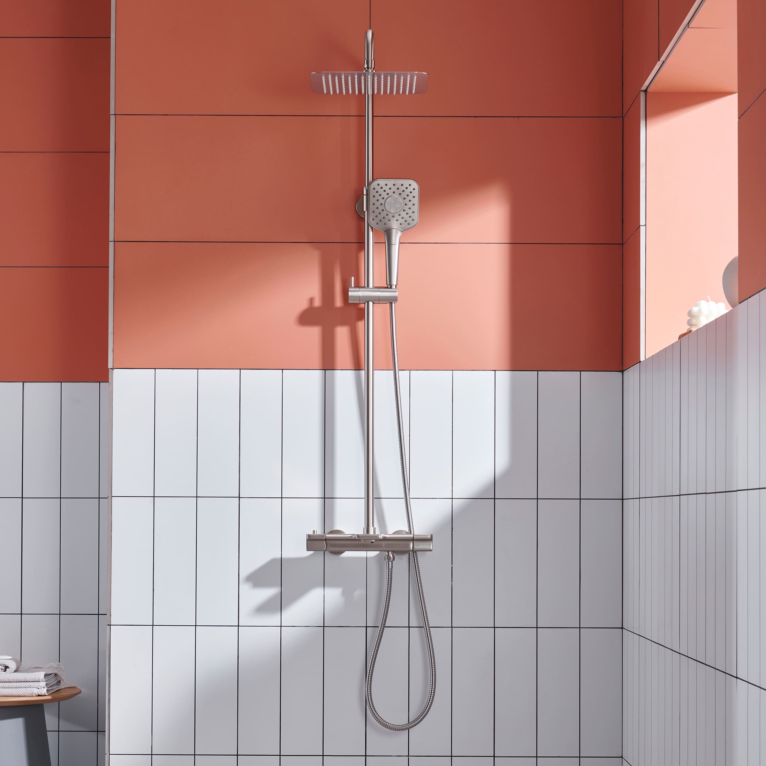 10 in. Wall Mount Thermostatic Rain Shower System with Handheld Shower and Tub Spout in Brushed Nickel-Boyel Living