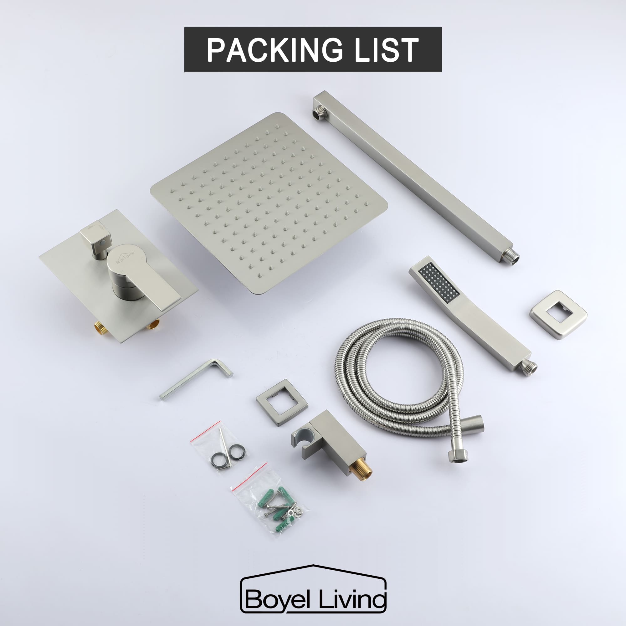 Boyel Living Wall Mount Rainfall Complete Shower System in Brushed Nickel, 10/12 in. -Boyel Living