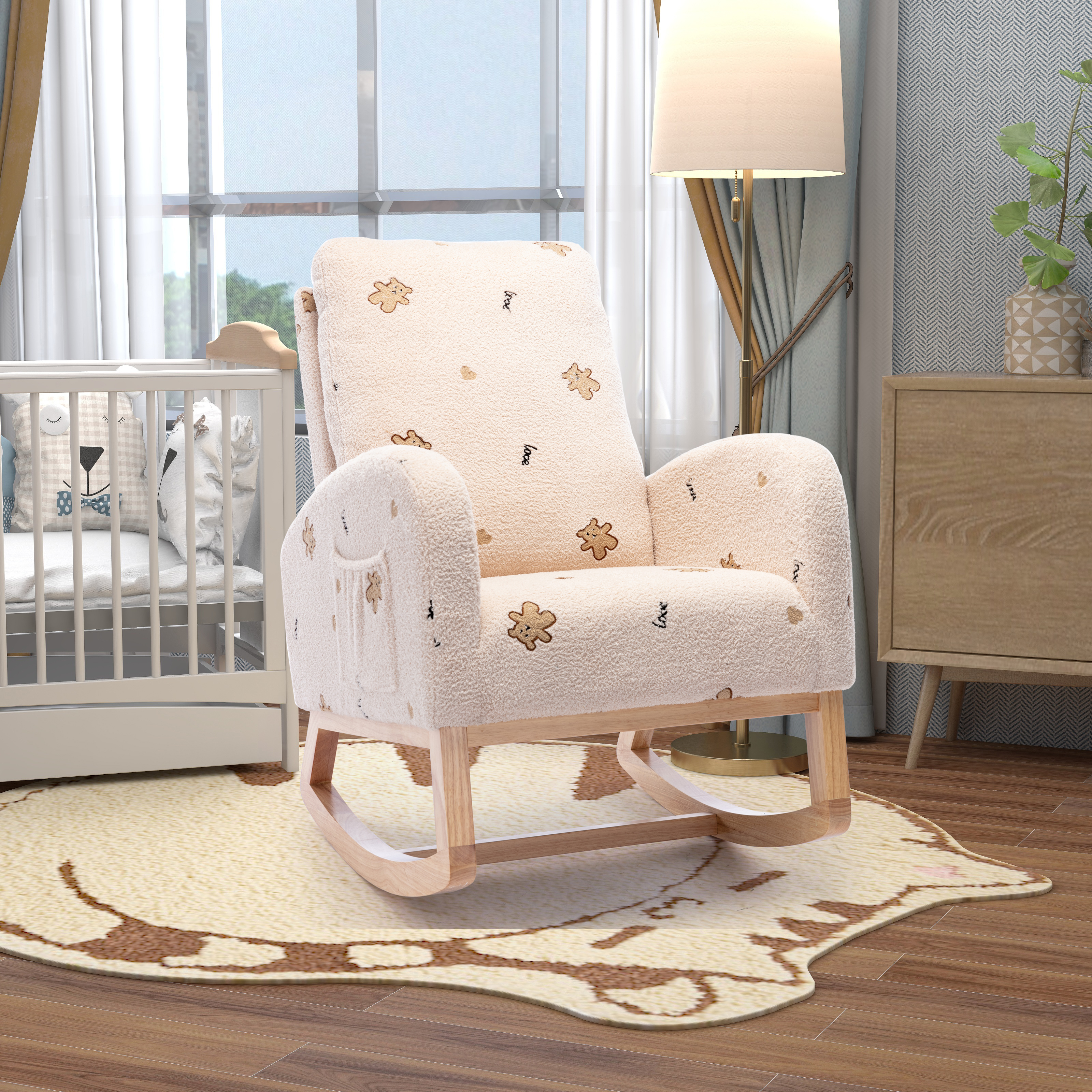 Nursery Rocking Chair with Ottoman, Linen Glider Rocker Chair with High  Backrest and Side Pocket, Upholstered Breastfeeding Chair for Living Room