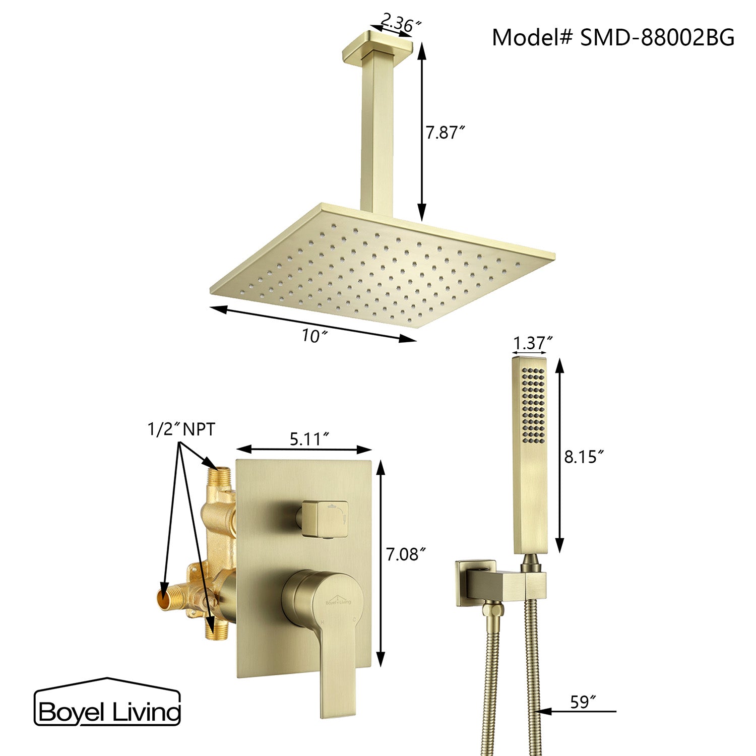 Boyel Living 10 in. Ceiling Mounted Dual Shower Heads with Rough-In Valve Body and Trim in Brushed Gold-Boyel Living