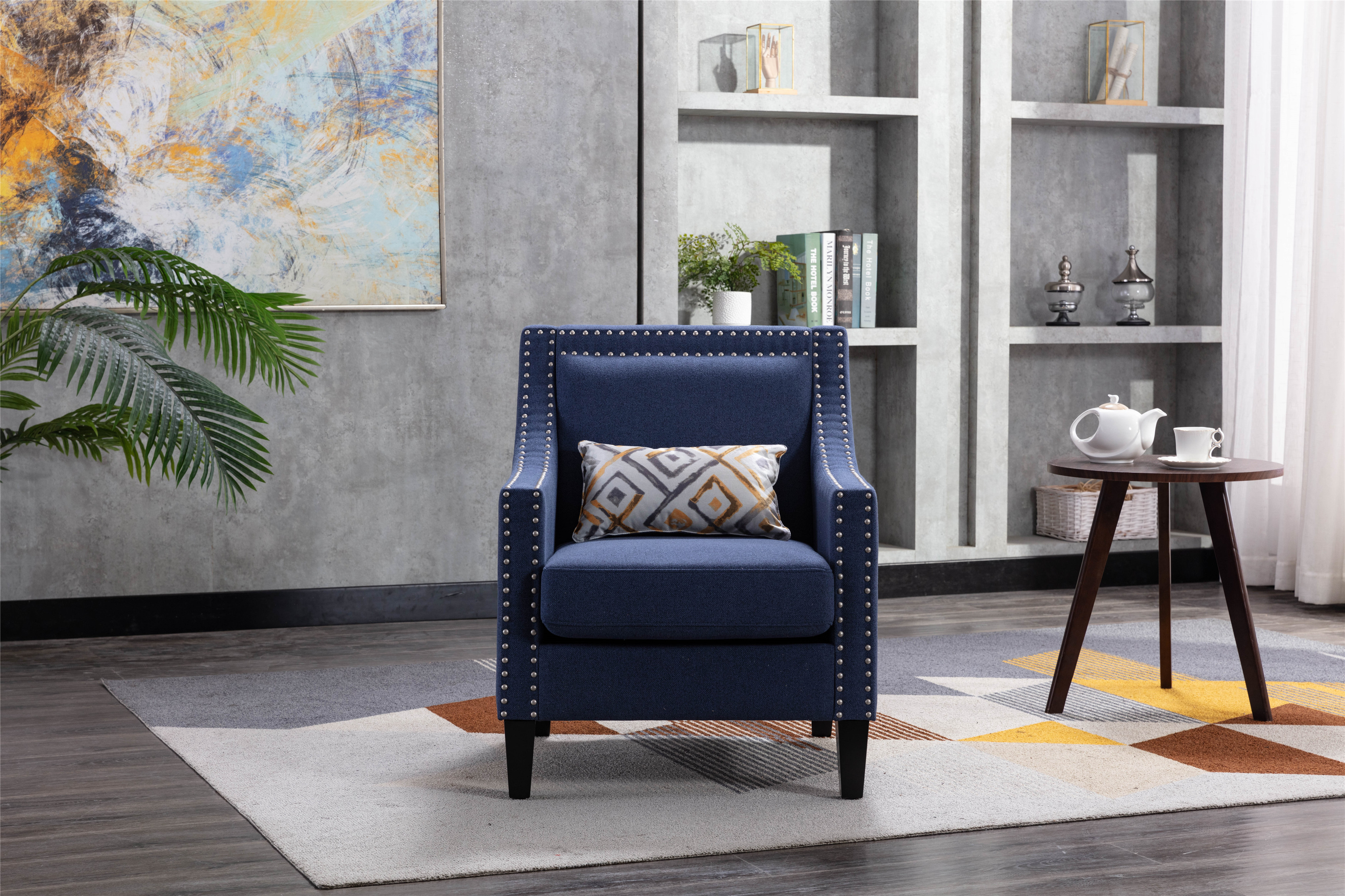 COOLMORE  accent armchair living room with nailheads and solid wood legs  Navy  linen-Boyel Living
