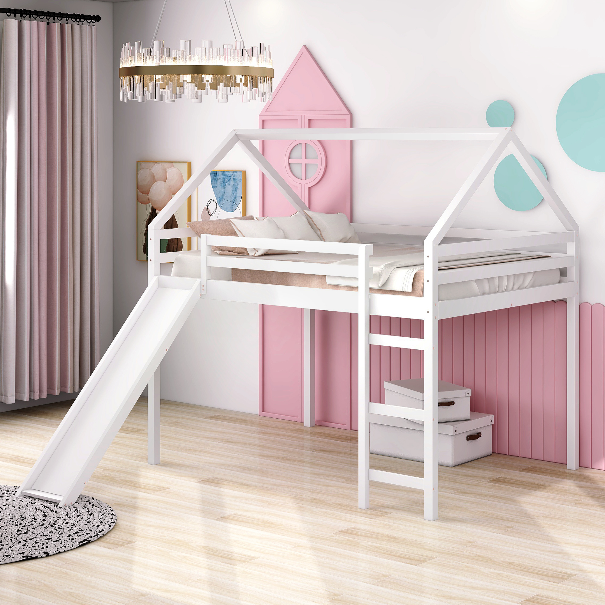 Full Size Loft Bed with Slide, House Bed with Slide,White(OLD SKU :WF281159AAK)-Boyel Living
