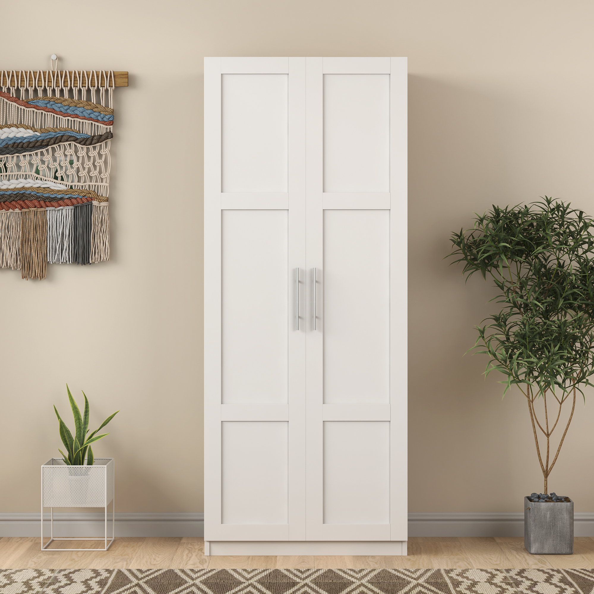 High wardrobe and kitchen cabinet with 2 doors and 3 partitions to separate 4 storage spaces,white-Boyel Living