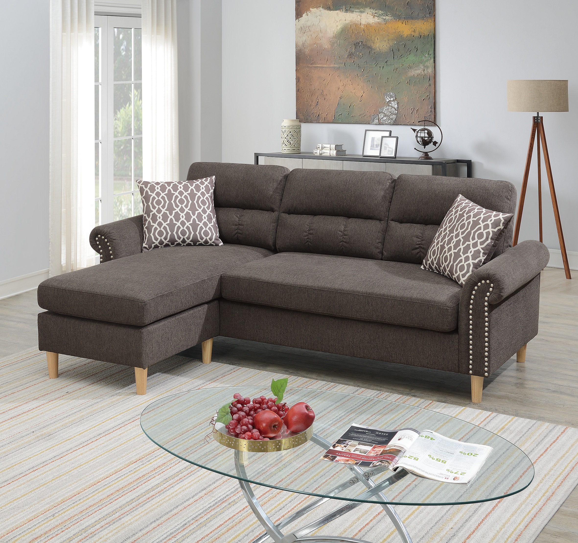 Tan Color Polyfiber Reversible Sectional Sofa Set Chaise Pillows Plush Cushion Couch Nailheads-Boyel Living