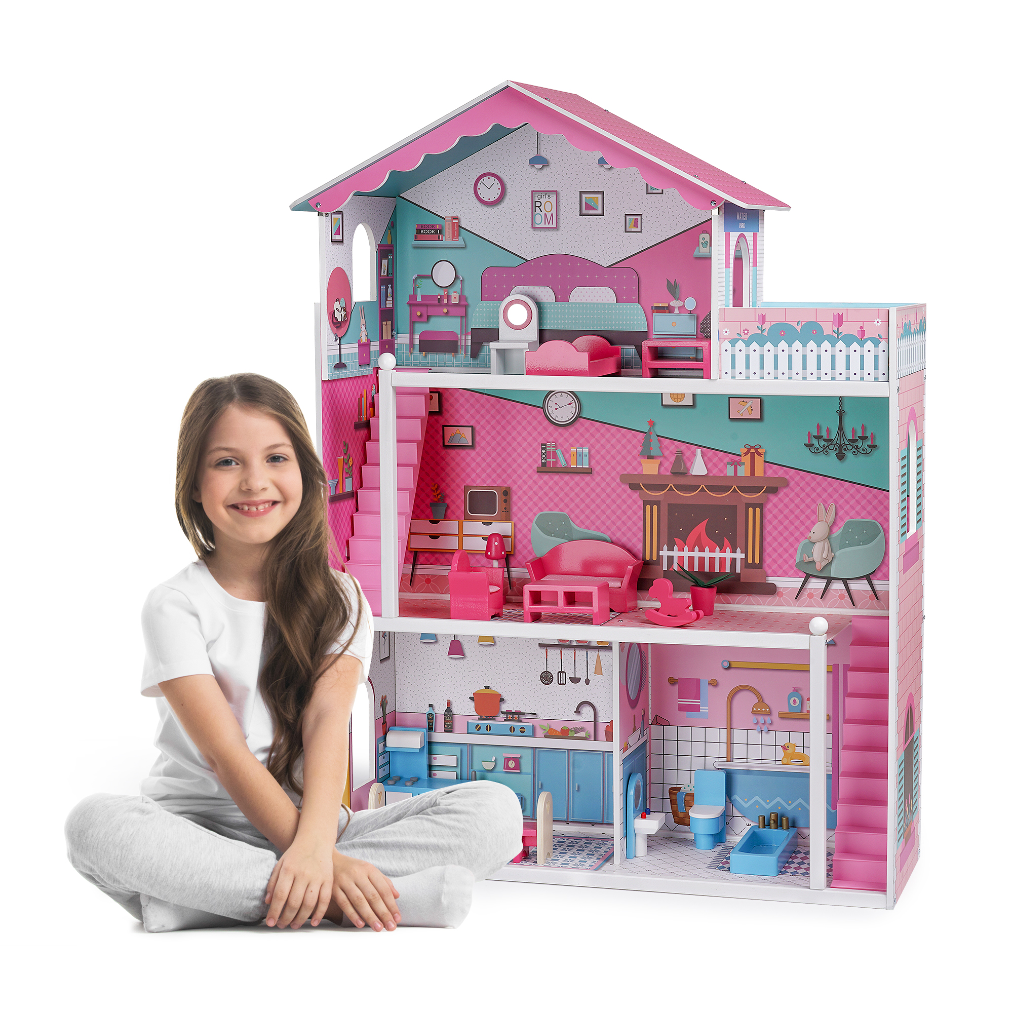 Wooden Dollhouse with Furniture 4-Rooms, with 18 pcs Furniture  Accessories-Boyel Living