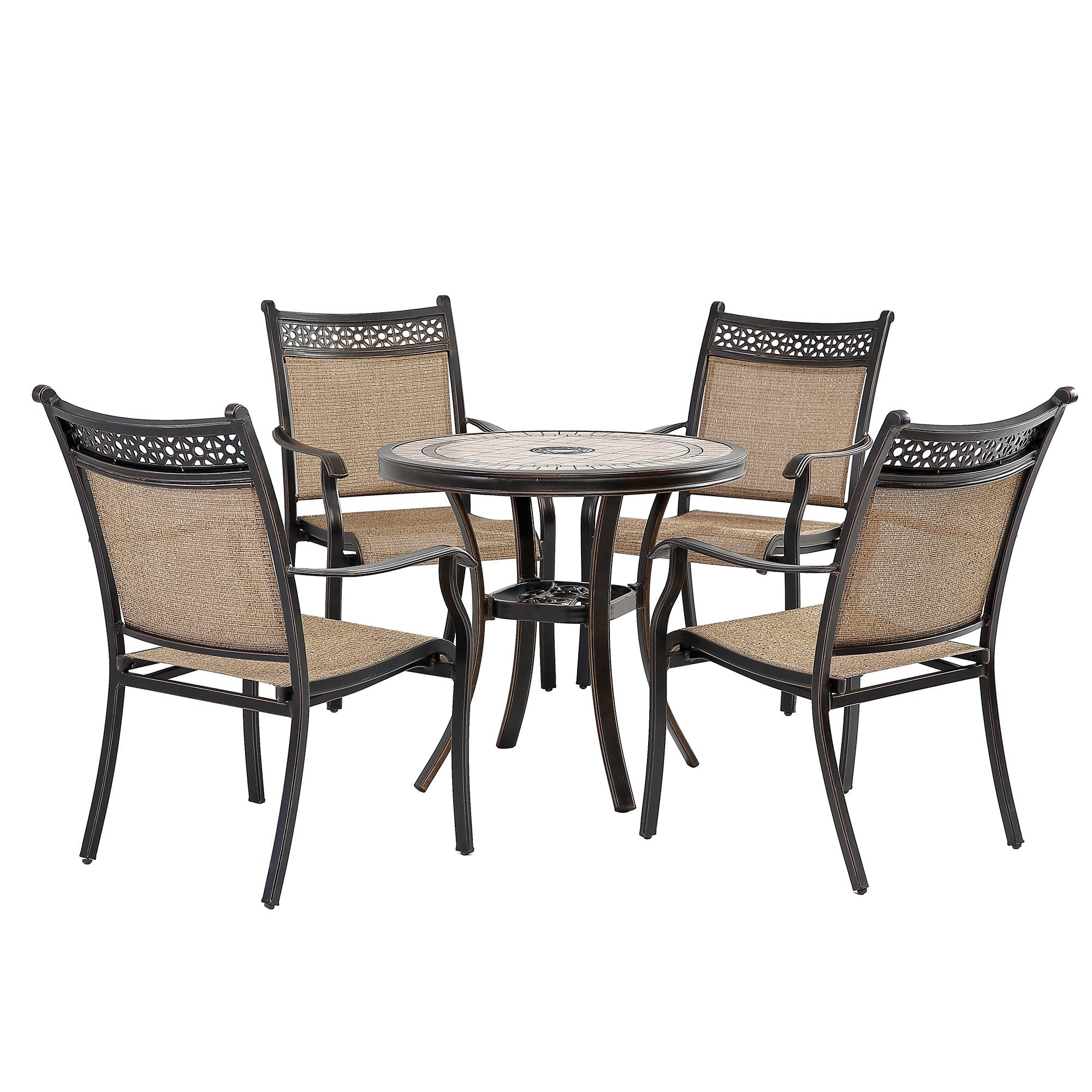 5-piece Cast Aluminum Dining Sling Set with 31-In Round Tile-Top Table and Classic Pattern Sling Chairs Light Brown-Boyel Living