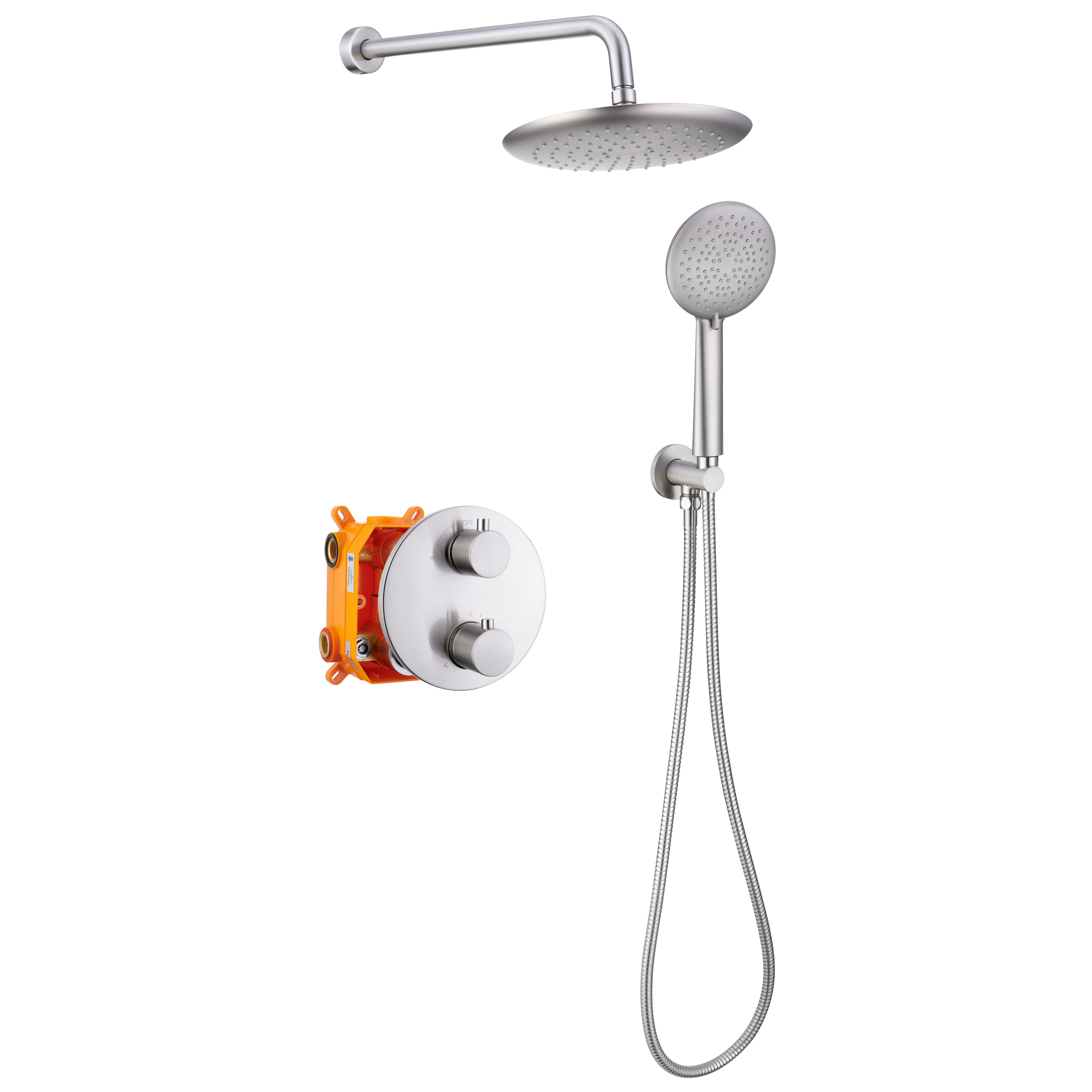 Wall Mount Thermostatic Round Rain Shower System with 5 Spray Patterns Handheld Shower in Brushed Nickel-Boyel Living