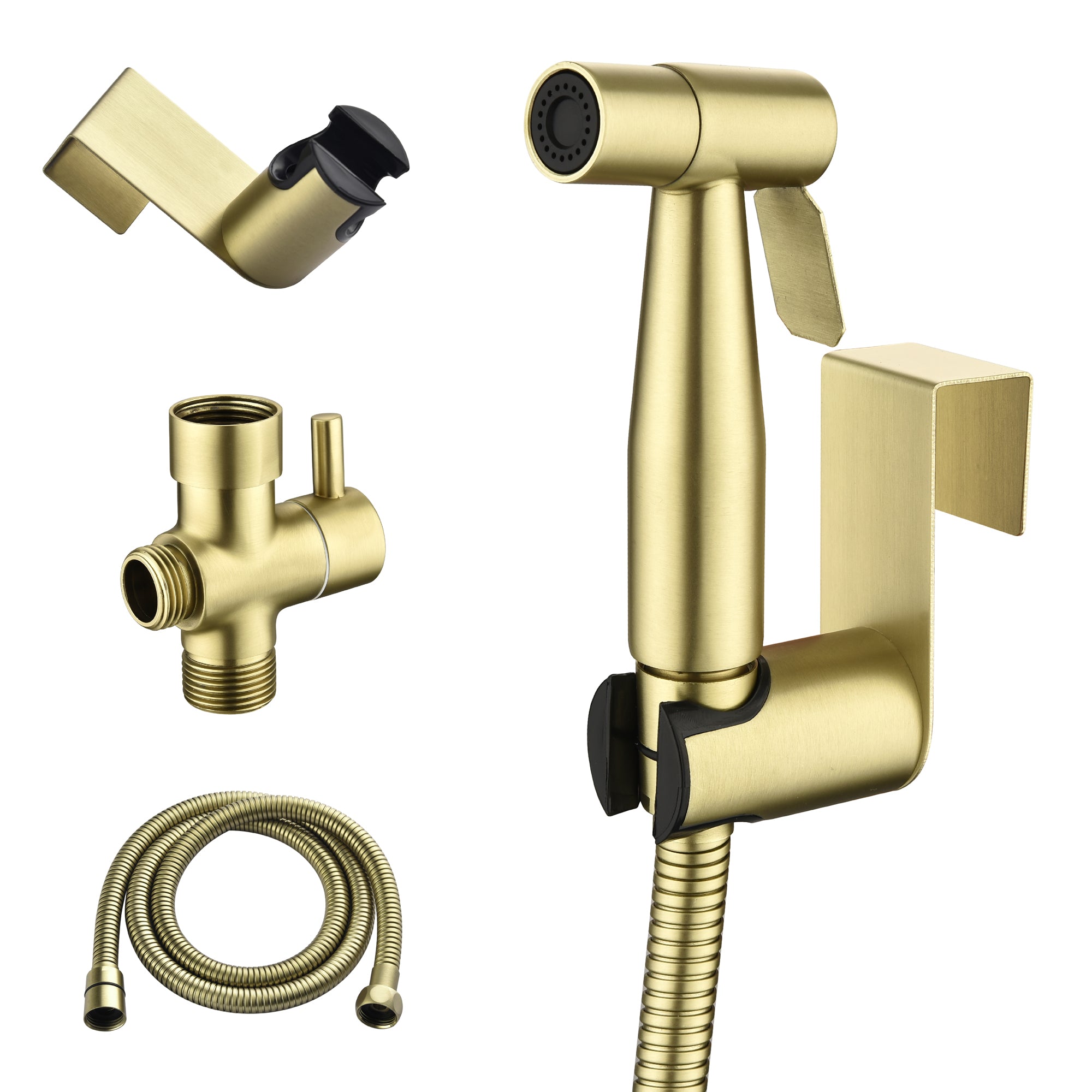 Single-Handle Bidet Faucet with Sprayer Holder, Solid Brass T-Valve Adapter and Flexible Bidet Hose in Brushed Gold-Boyel Living