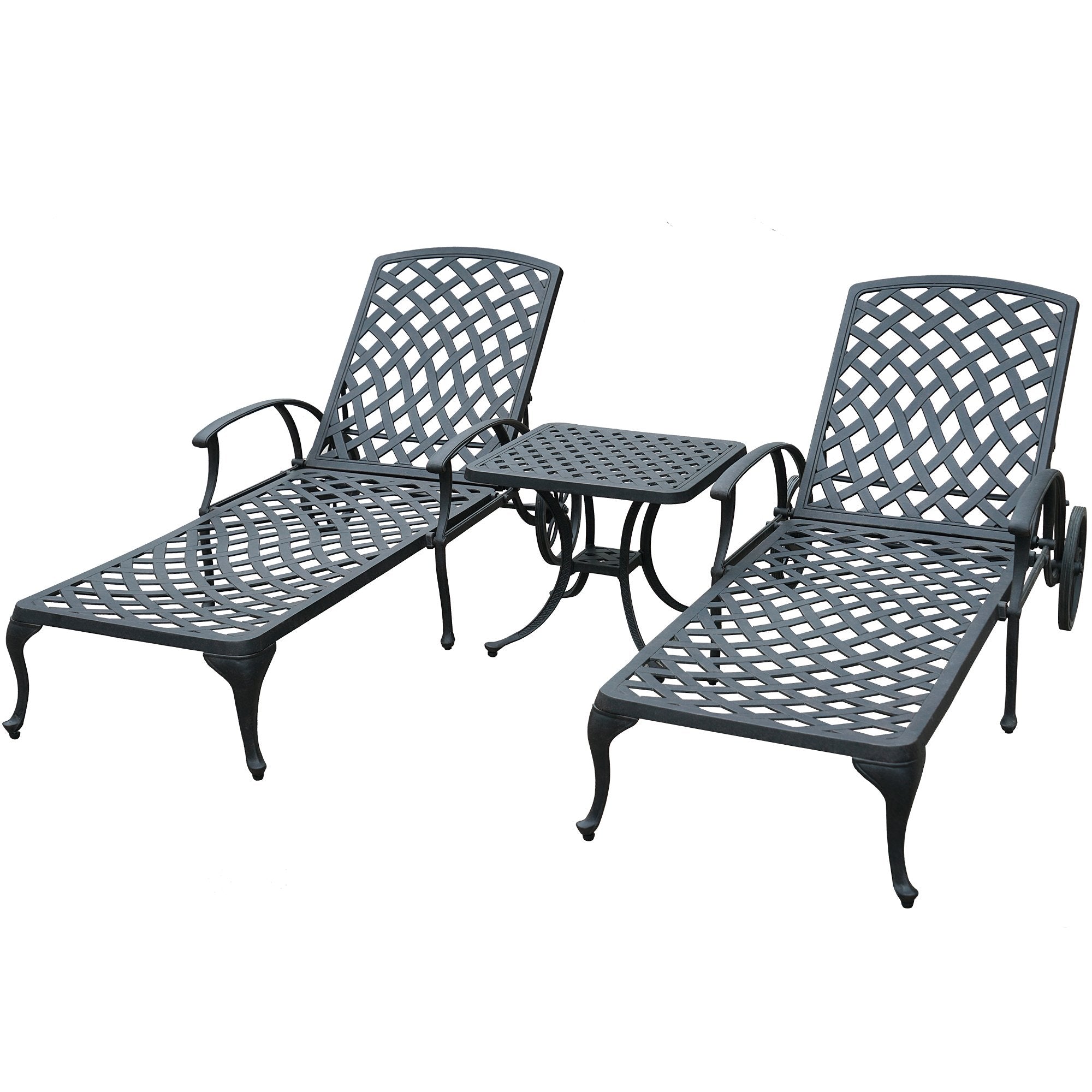 Antique Bronze Aluminum Reclining Outdoor Chaise Lounge with Wheels and Cushions in Red-Boyel Living