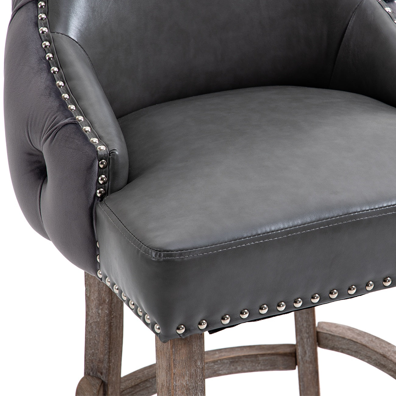 40 in. Gray Velvet+PU Fabric Nailhead Tufted Bar Stool with 4 Solid Wood Legs, Set of 2-Boyel Living