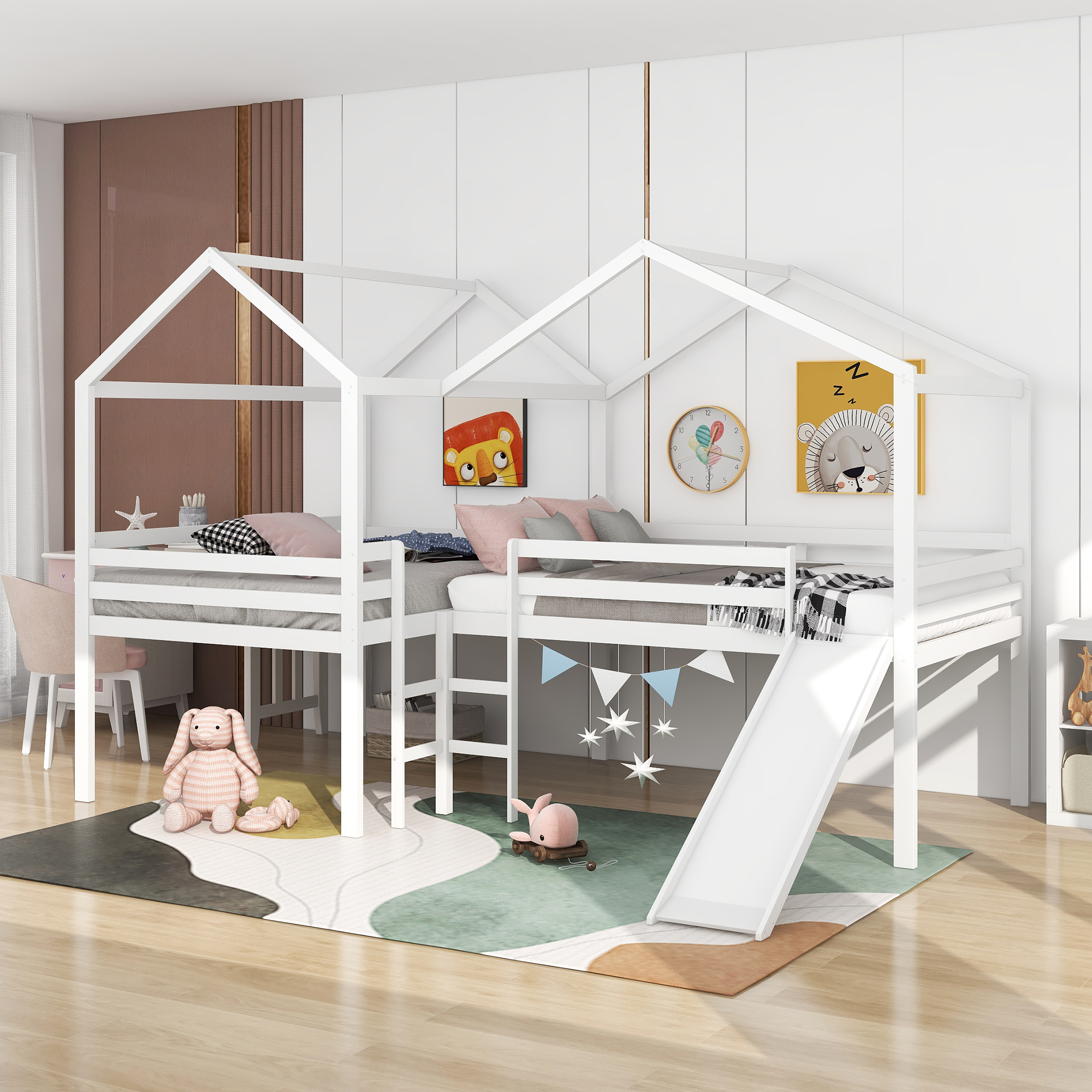 Full size Loft Bed Wood Bed with Roof,Slide,Guardrail,House Bed (White)-Boyel Living