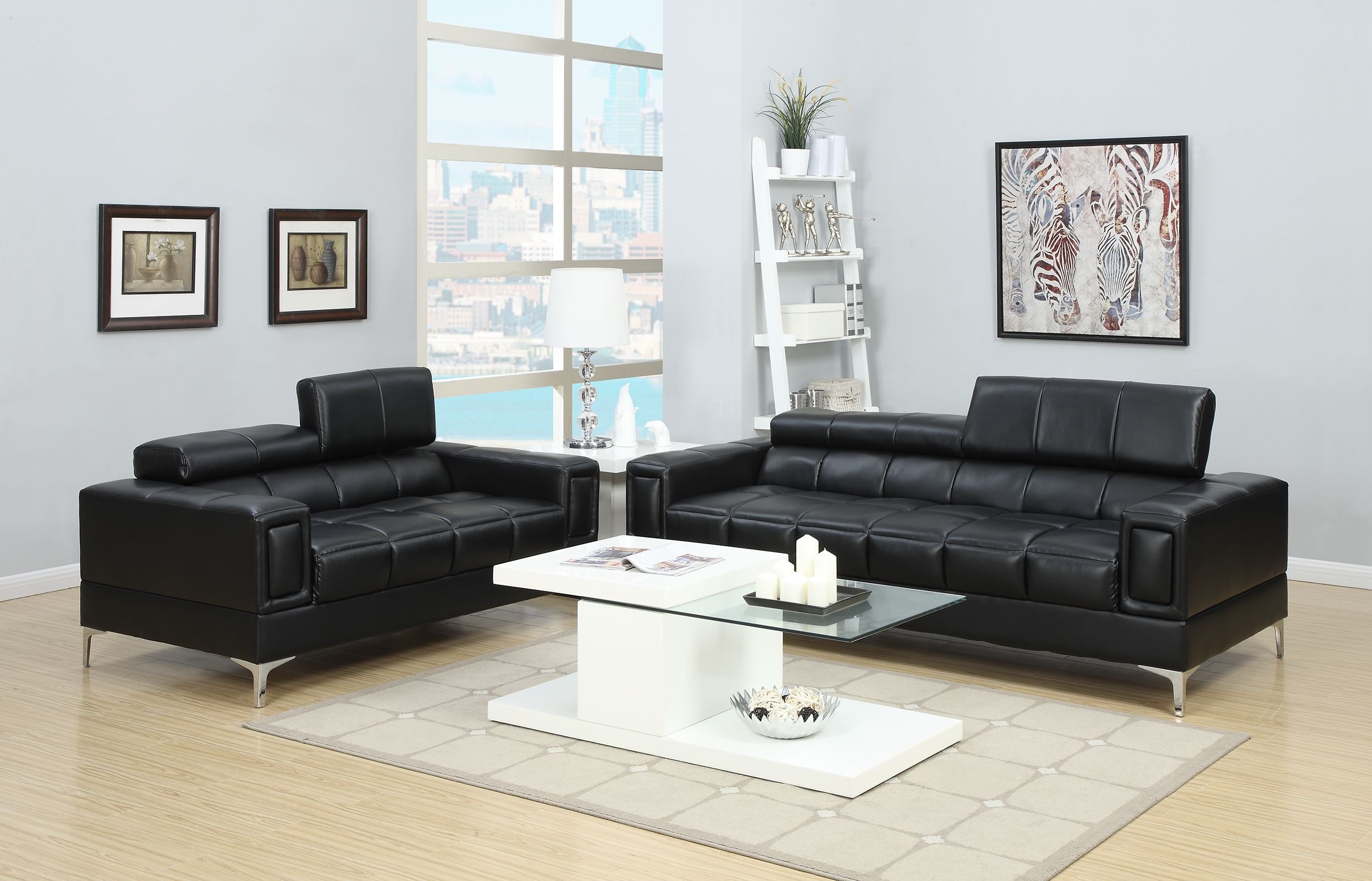 Black Faux Leather Living Room 2pc Sofa set Sofa And Loveseat Furniture Couch Unique Design Metal Legs Adjustable Headrest-Boyel Living