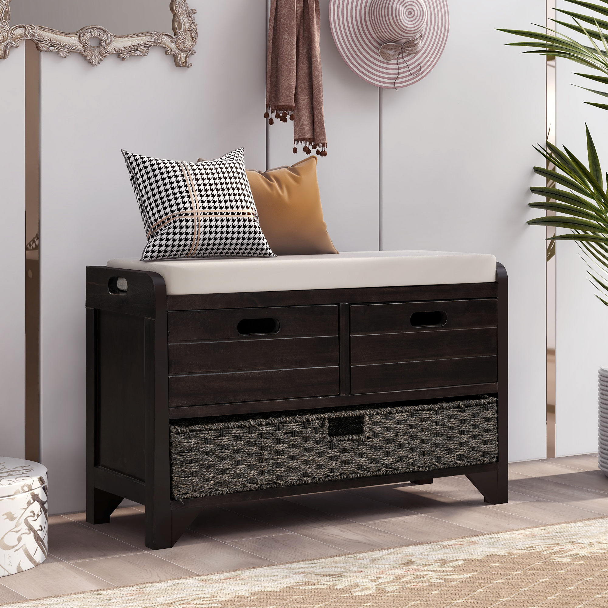 Storage Bench with Removable Basket and 2 Drawers, Fully Assembled Shoe Bench with Removable Cushion (Espresso)-Boyel Living