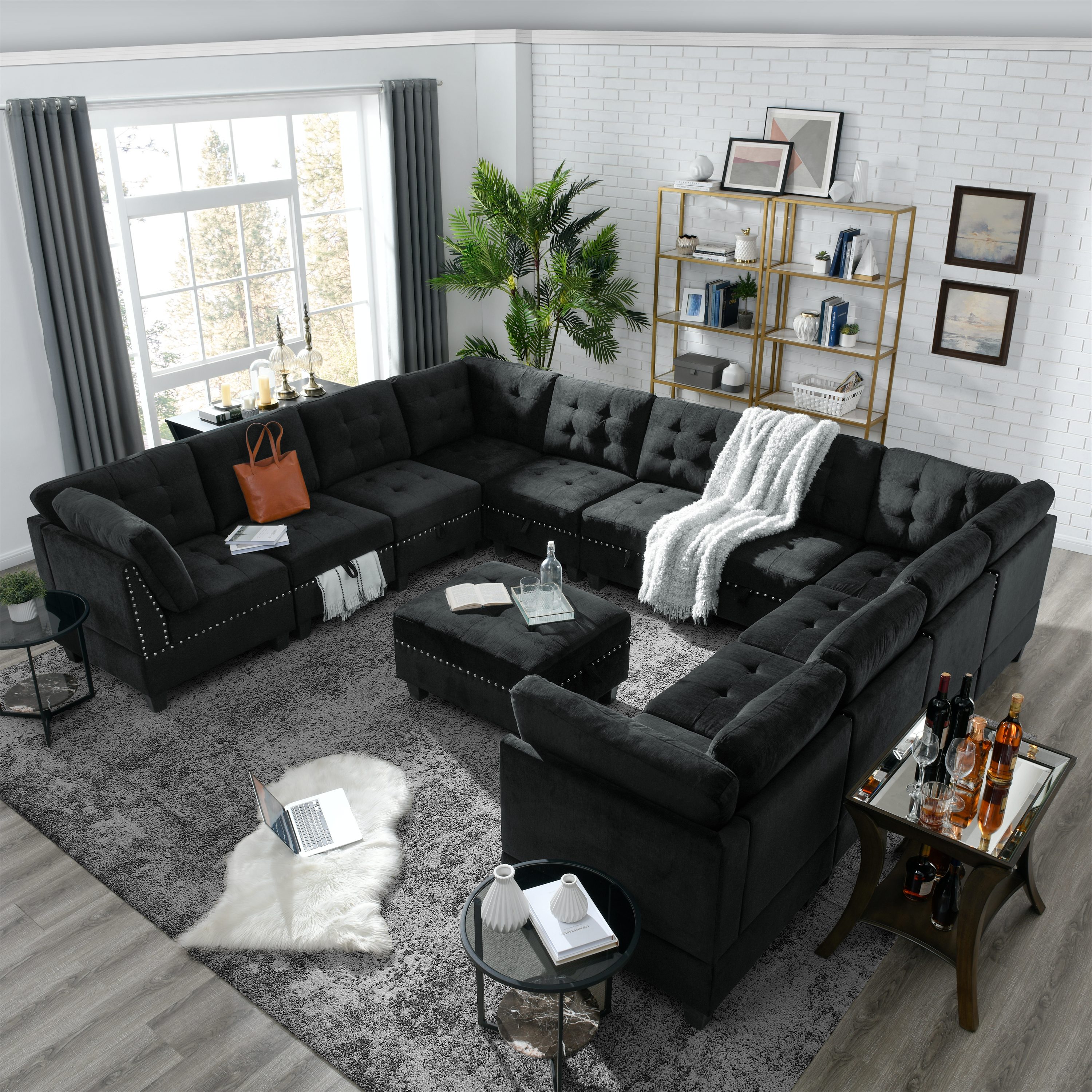 U shape Modular Sectional Sofa，DIY Combination，includes Seven Single Chair， Four Corner and One Ottoman，Black Velvet.-Boyel Living