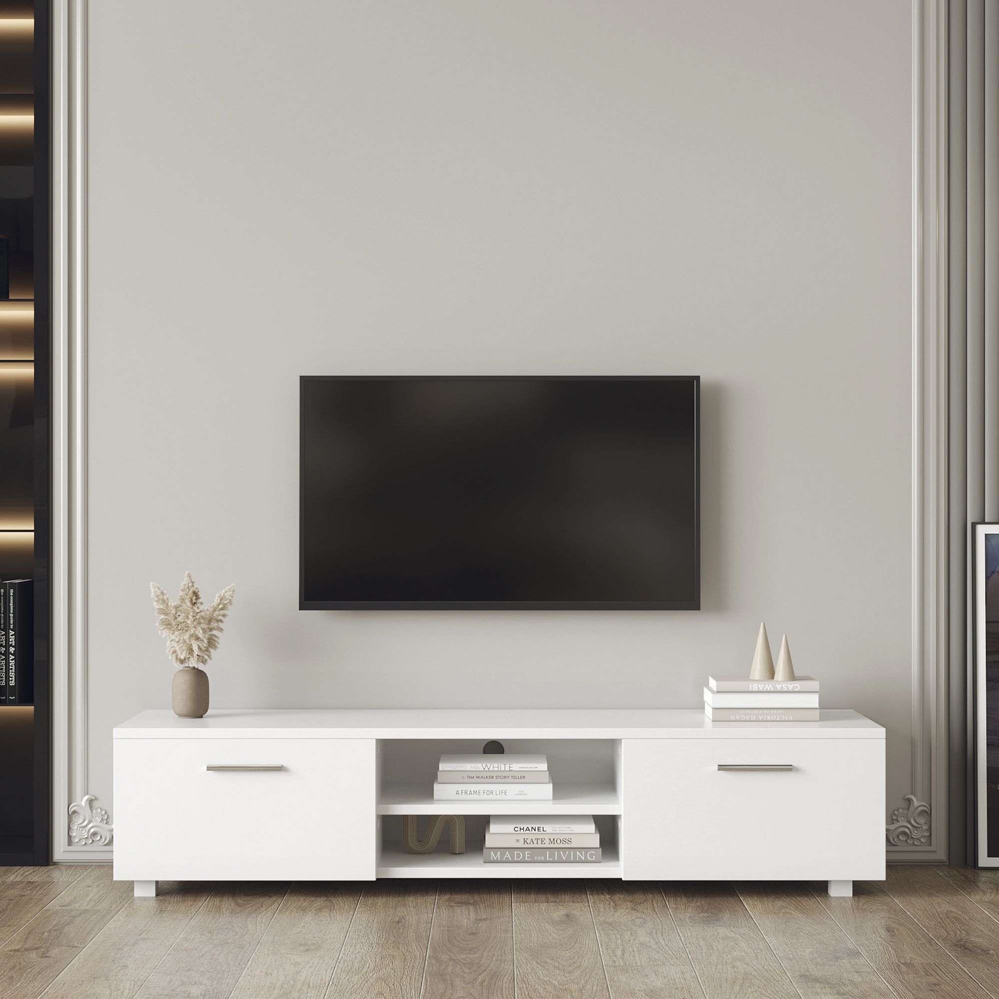 White TV Stand for 70 Inch TV Stands, Media Console Entertainment Center Television Table, 2 Storage Cabinet with Open Shelves for Living Room Bedroom-Boyel Living