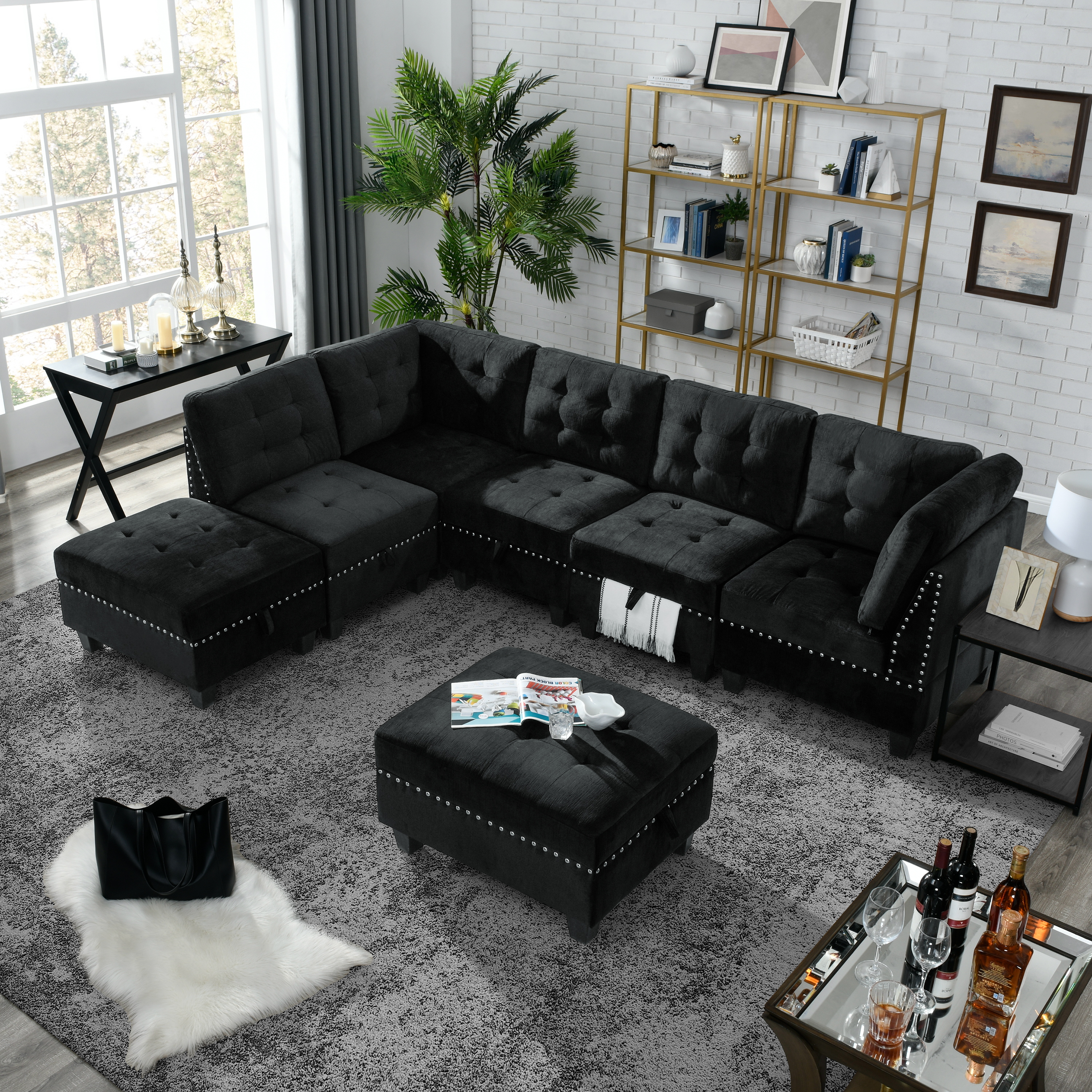L shape Modular Sectional Sofa，DIY Combination，includes Three Single Chair ，Two Corner and Two Ottoman，Black Velvet.-Boyel Living