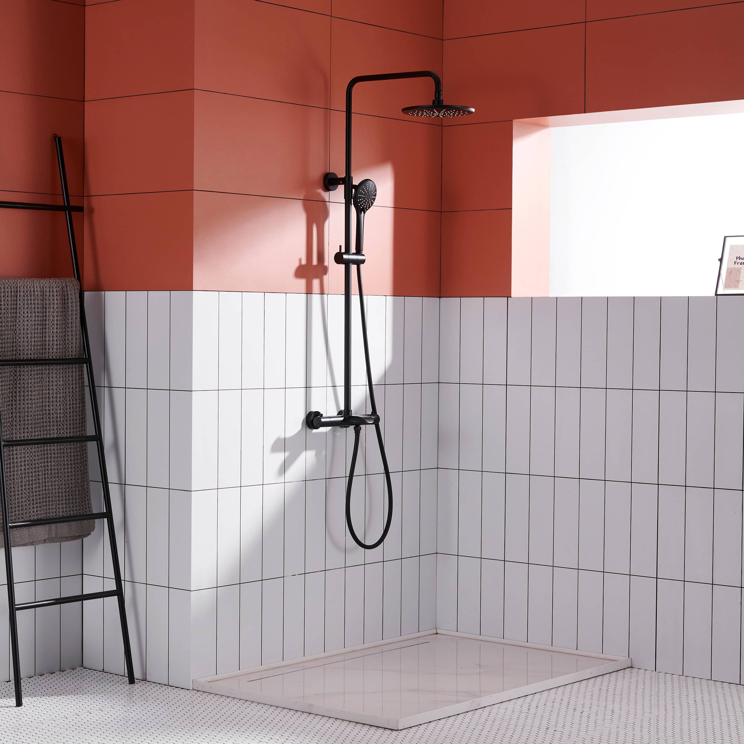 3 Function Wall Mount Round Thermostatic Rain Shower System with Tub Spout in Matte Black-Boyel Living