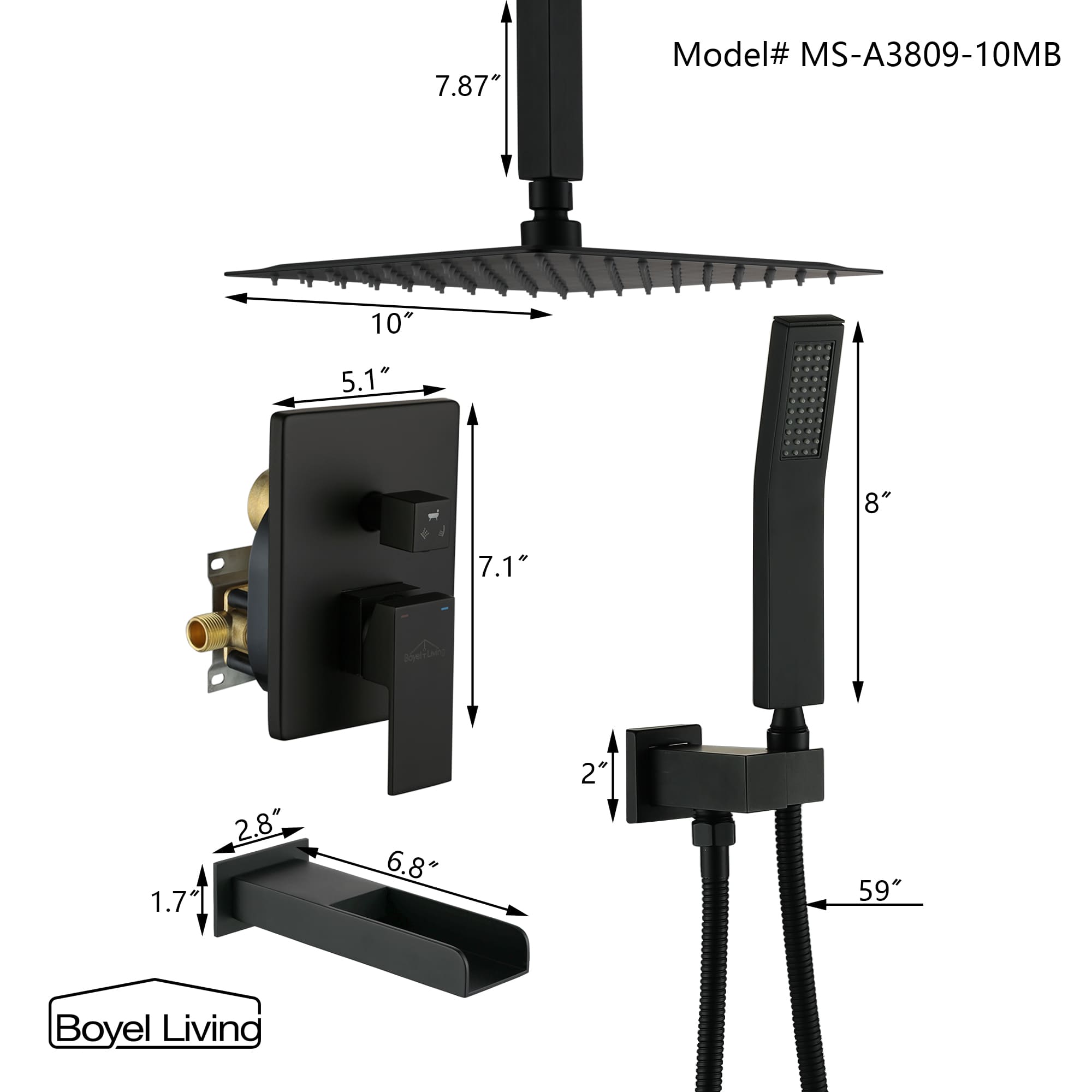 Boyel Living Ceiling Mounted Rain Shower Head Set Shower System with Hand Shower and Tub Spout-Boyel Living
