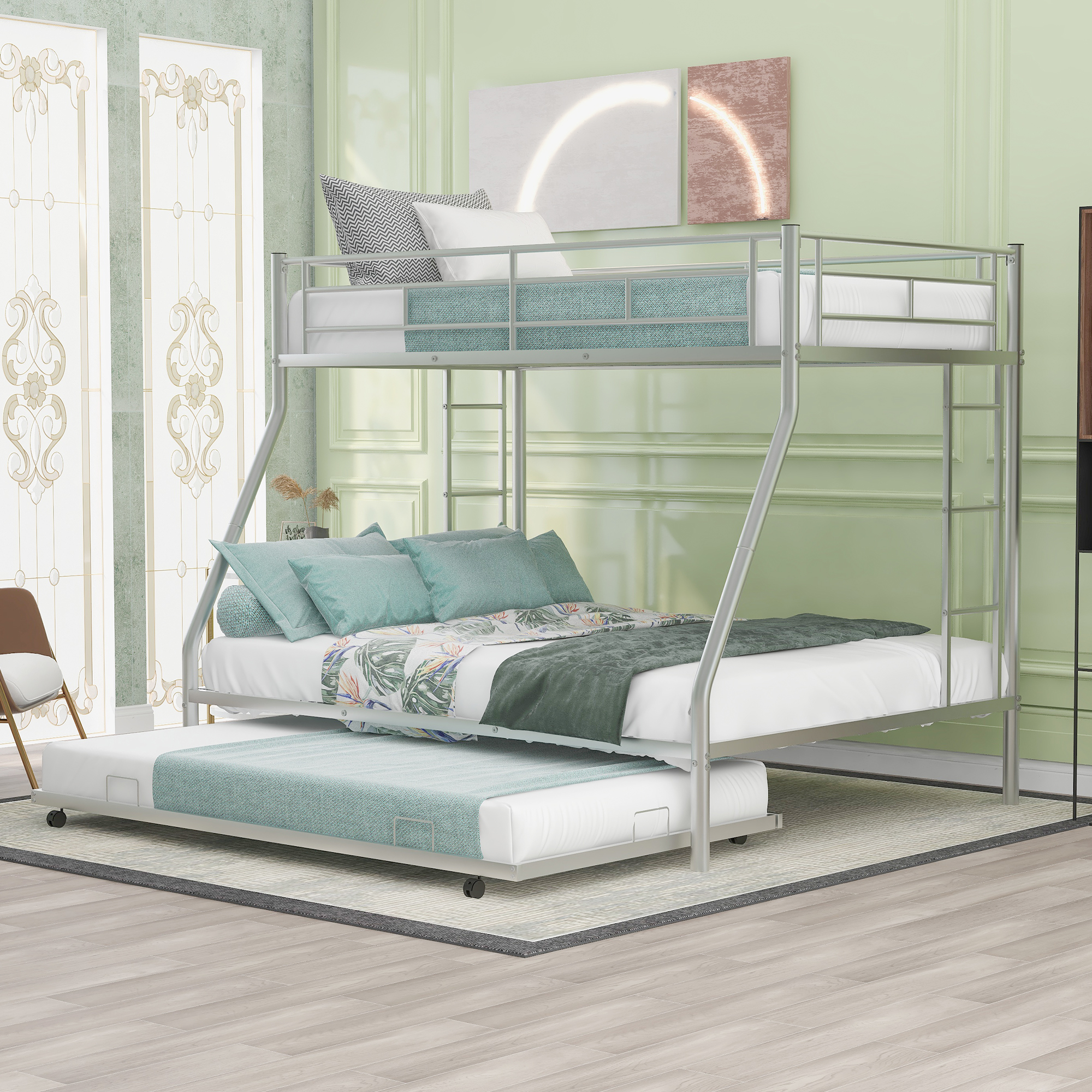 Twin over Full Bed with Sturdy Steel Frame, Bunk Bed with Twin Size Trundle, Two-Side Ladders, Silver(OLD SKU:MF194424AAN)-Boyel Living