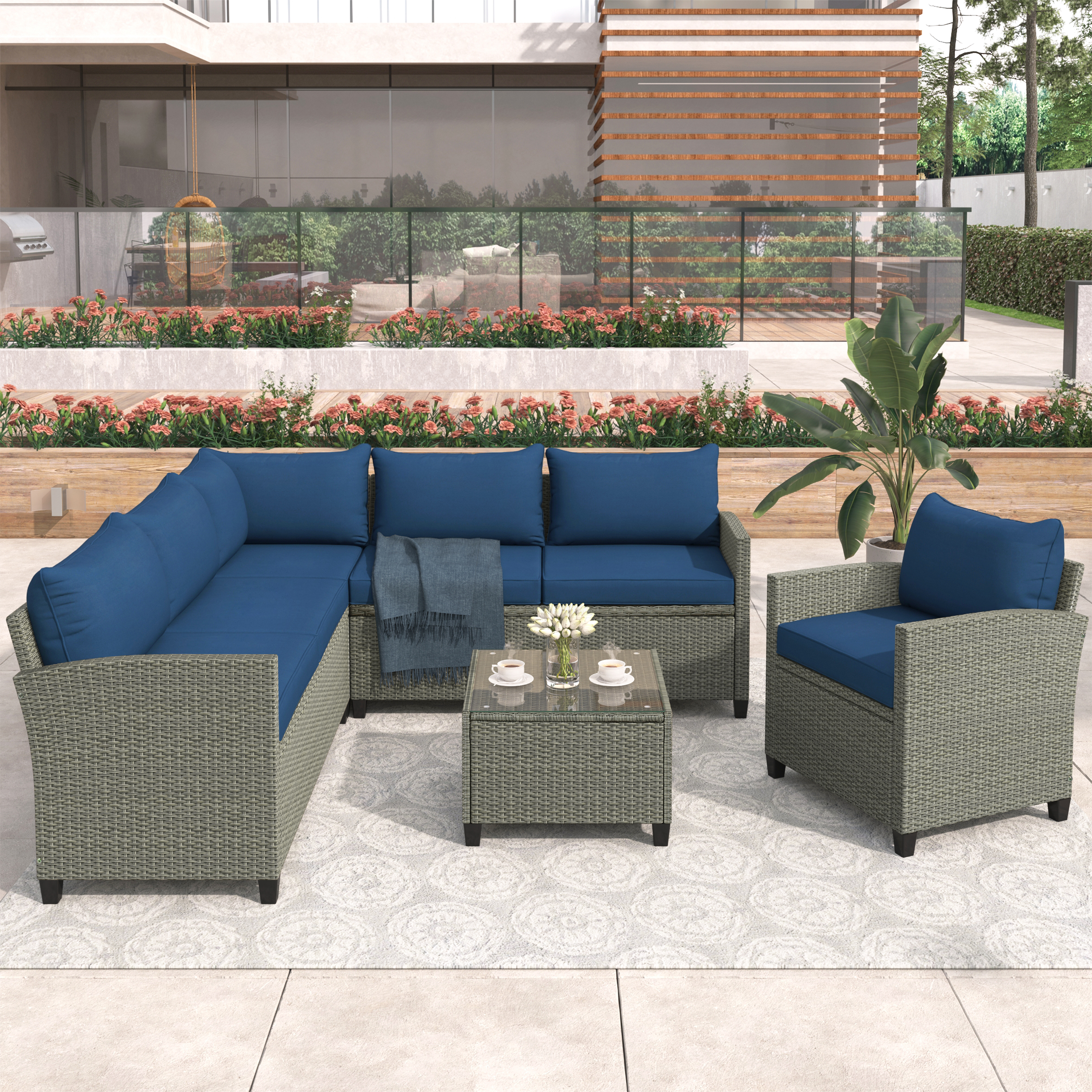 Patio Furniture Set, 5 Piece Outdoor Conversation Set，with Coffee Table, Cushions and Single Chair-Boyel Living
