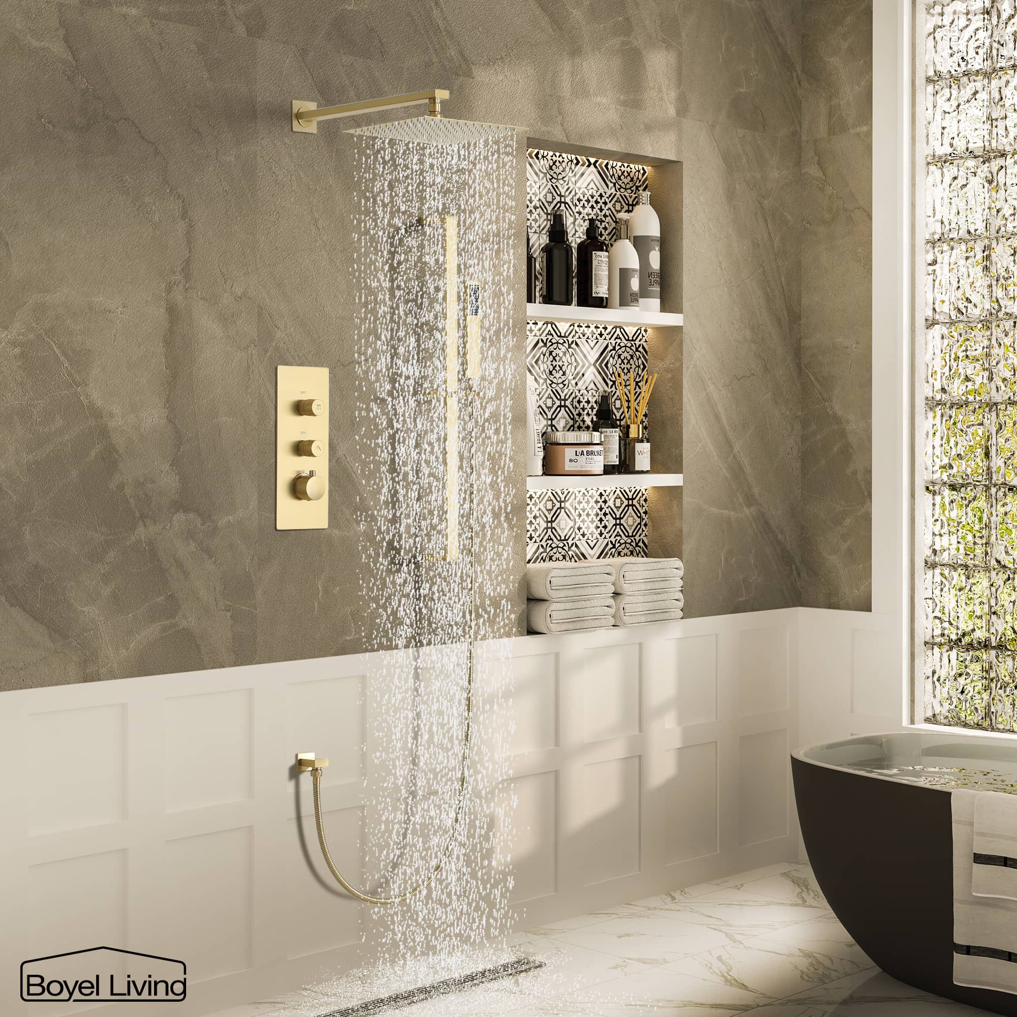 Boyel Living Wall-Mounted 2 GPM Bathroom Shower Faucets Set with Sliding Bar, 10-Inch Square Rainfall Shower Head and Handheld Shower in Brushed Gold-Boyel Living