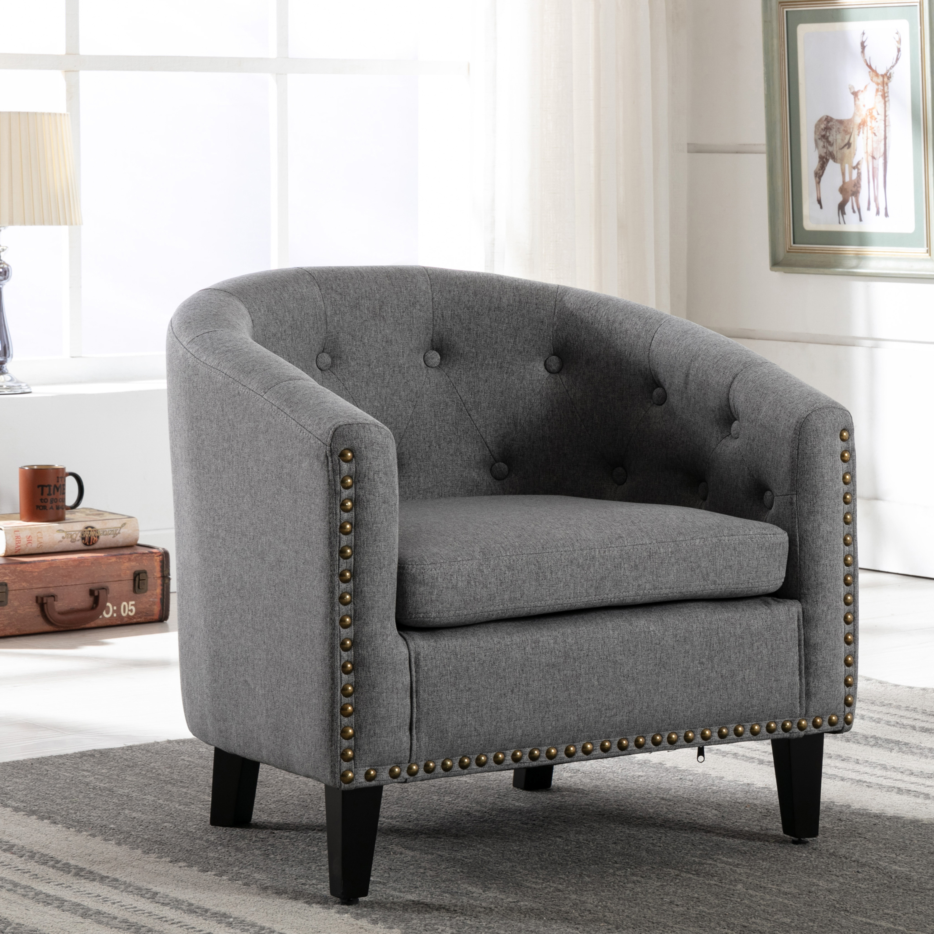 linen Fabric Tufted Barrel ChairTub Chair for Living Room Bedroom Club Chairs-Boyel Living