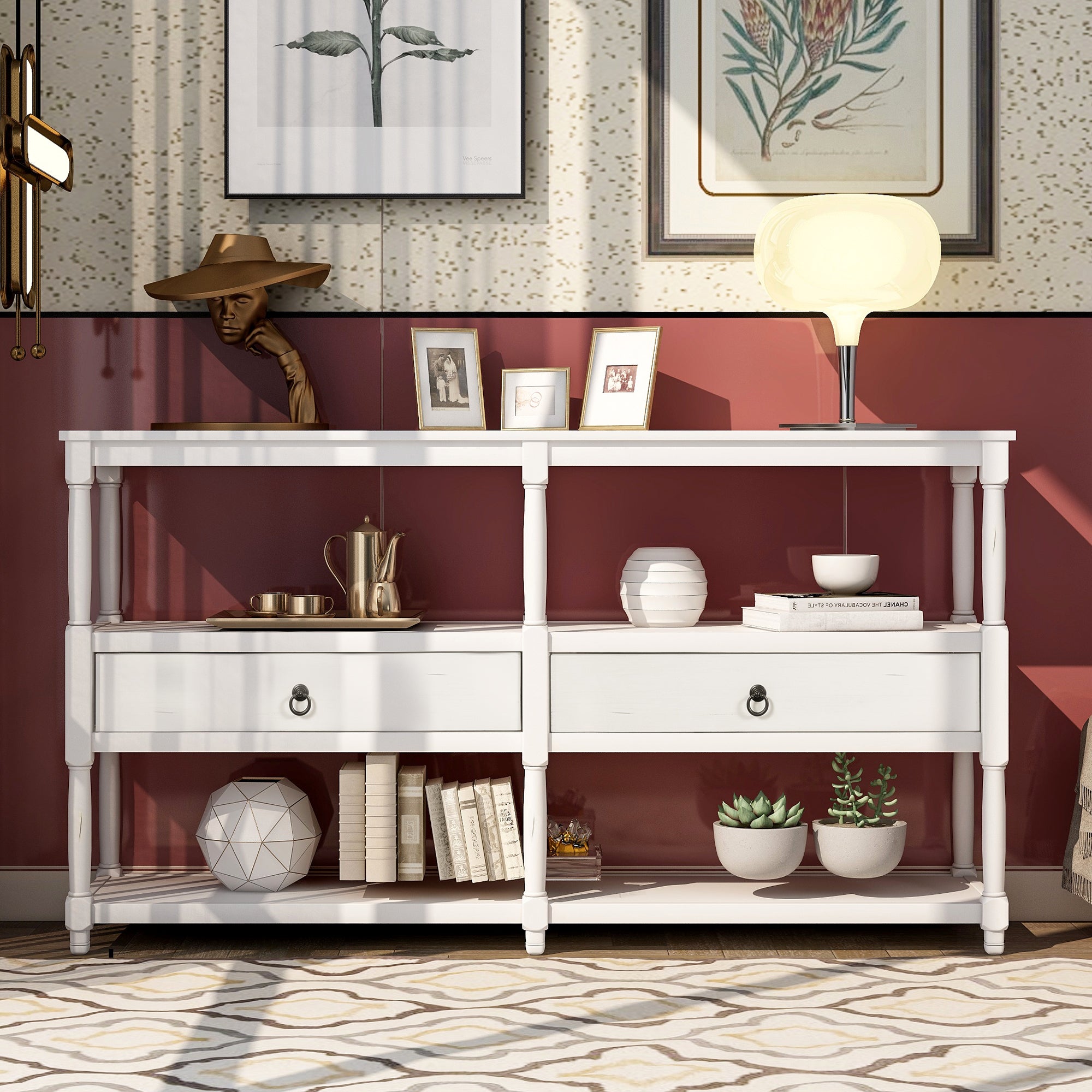 Rustic Console Table Sofa Table with 3-Tier Open Storage Shelf and Two Drawers-Boyel Living