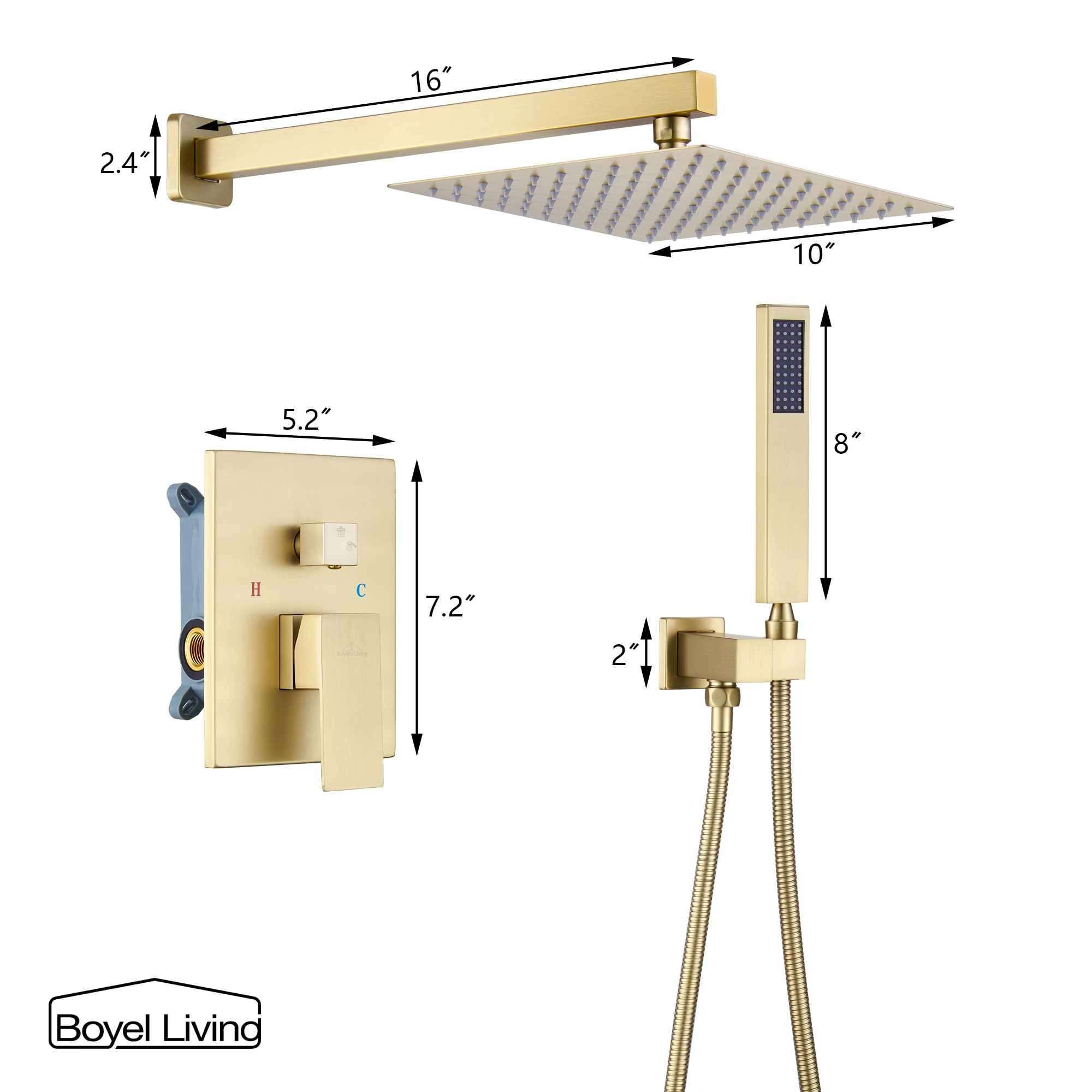Boyel Living 10 in. Wall Mount High Pressure Shower System with Slide Bar and Handheld Shower in Brushed Gold-Boyel Living