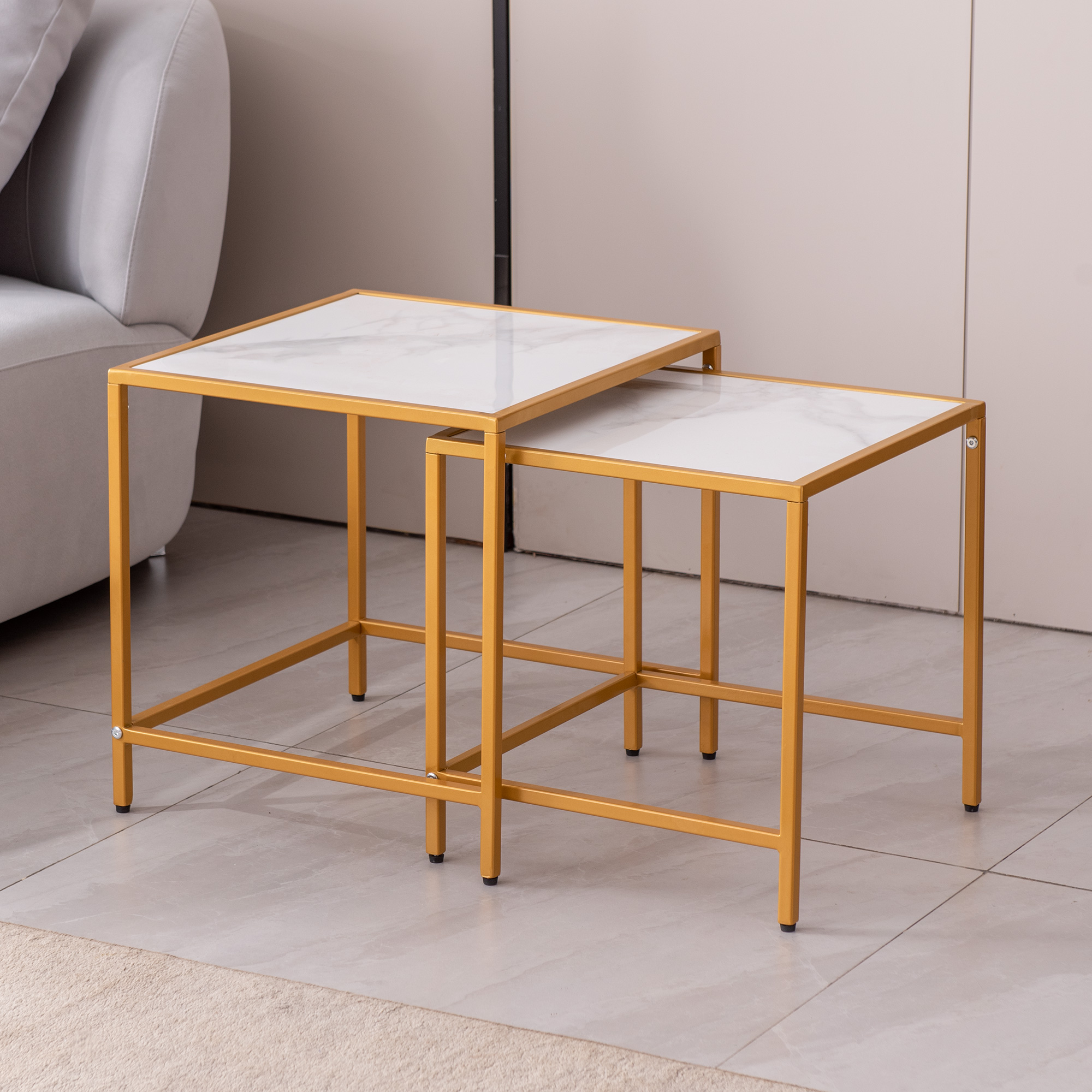 Nesting End/Side Table，Night Stand 2-Piece Set,Square Sintered stone Top with Golden Metal Frame-Boyel Living