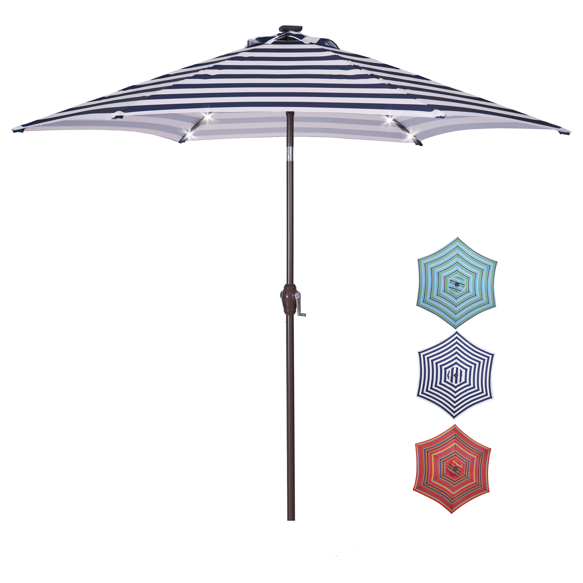 Outdoor Patio 8.7-Feet Market Table Umbrella with Push Button Tilt and Crank, Blue White Stripes With 24 LED Lights[Umbrella Base is not Included]-Boyel Living