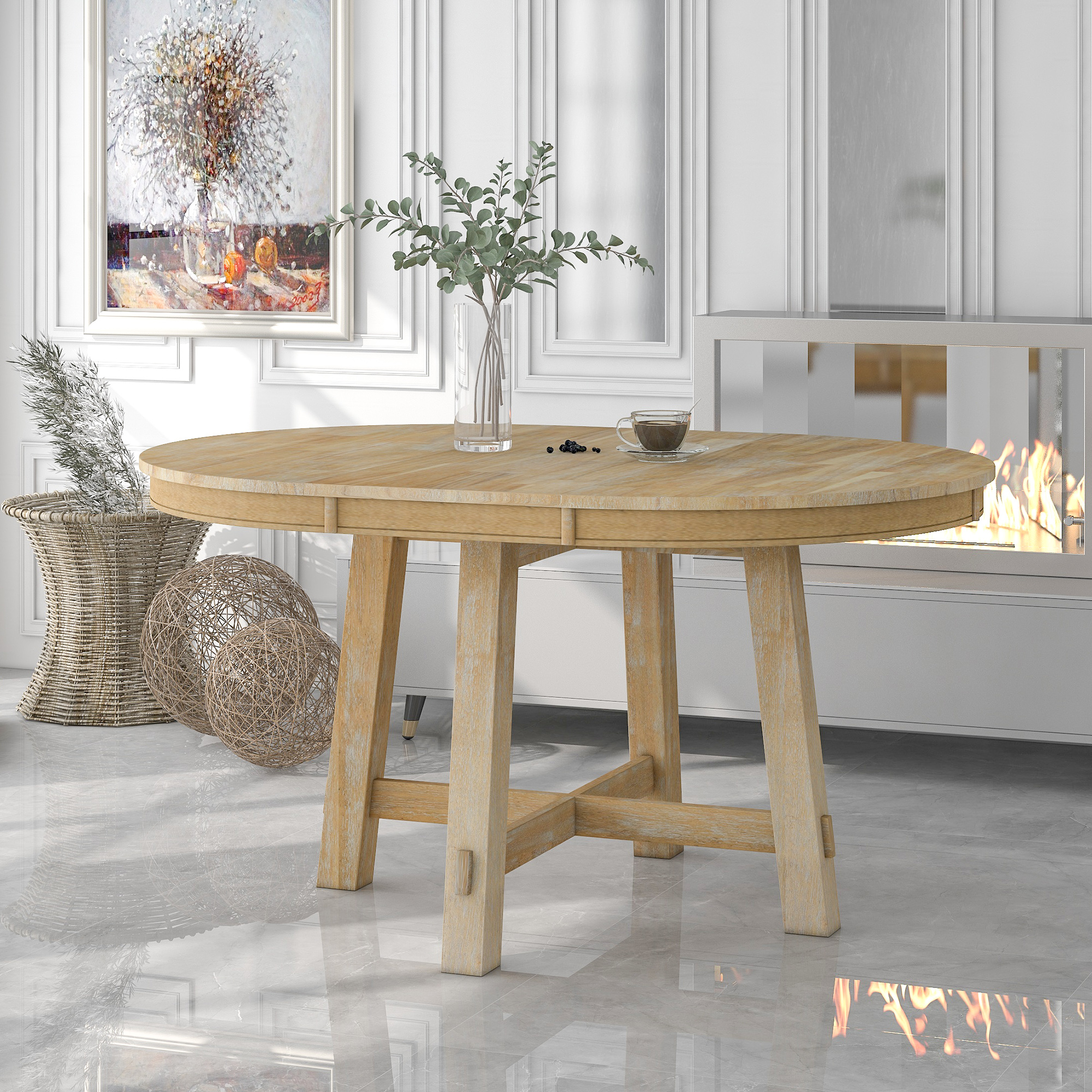 TREXM Farmhouse Round Extendable Dining Table with 16' Leaf Wood Kitchen Table (Natural Wood Wash)