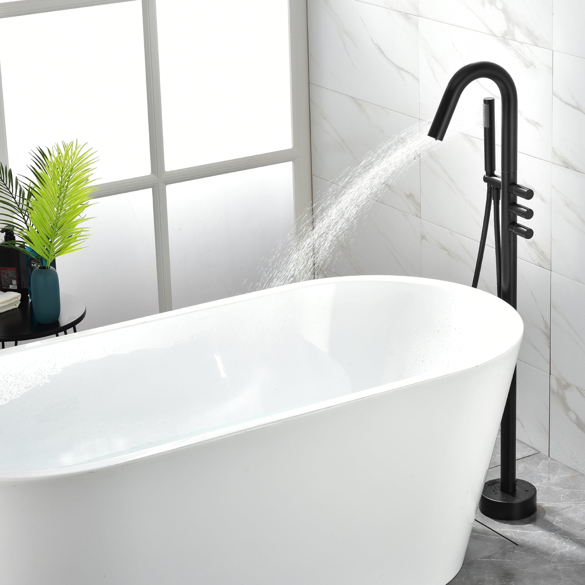 Boyel Living Freestanding Floor Mount 3-Handle Bath Tub Filler Faucet with Handheld Shower and Water Supply Lines in Matte Black-Boyel Living