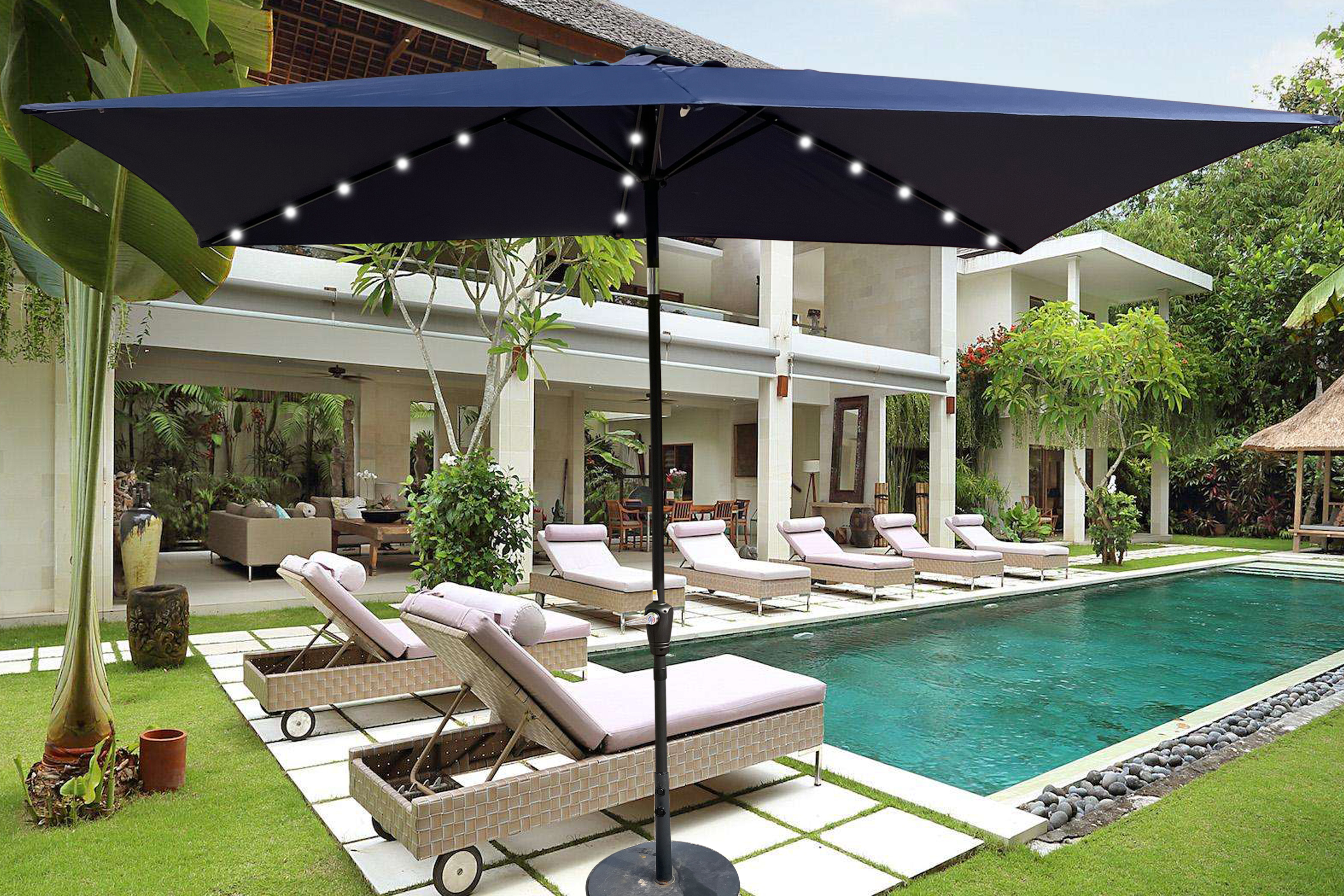 10 x 6.5t Rectangular Patio Solar LED Lighted Outdoor Umbrellas with Crank and Push Button Tilt for Garden Backyard Pool Swimming Pool-Boyel Living