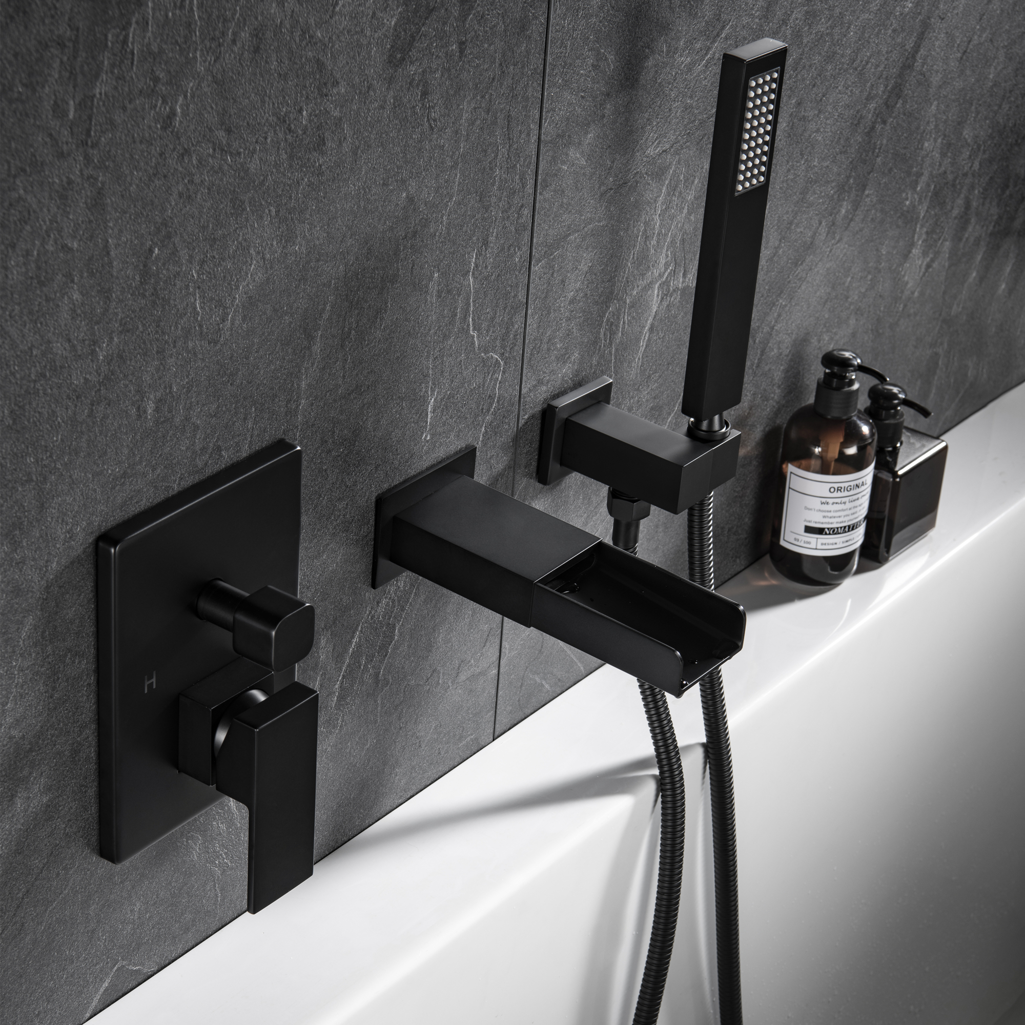 Pressure-Balance Waterfall Single Handle Wall Mount Tub Faucet with Hand Shower, Matte Black-Boyel Living