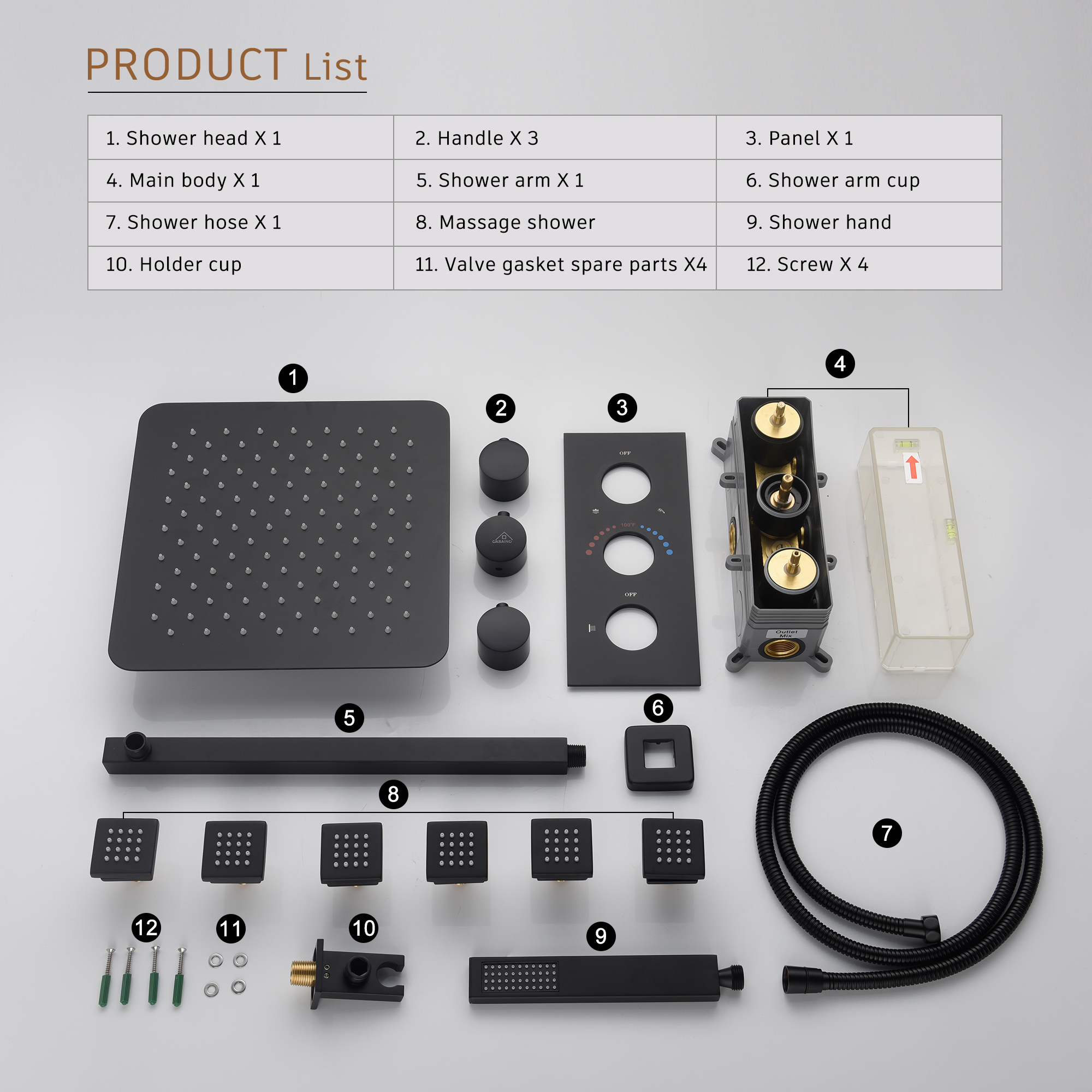 3 Way Thermostatic Complete Shower System with Rough-in Valve With 6 Body Jets